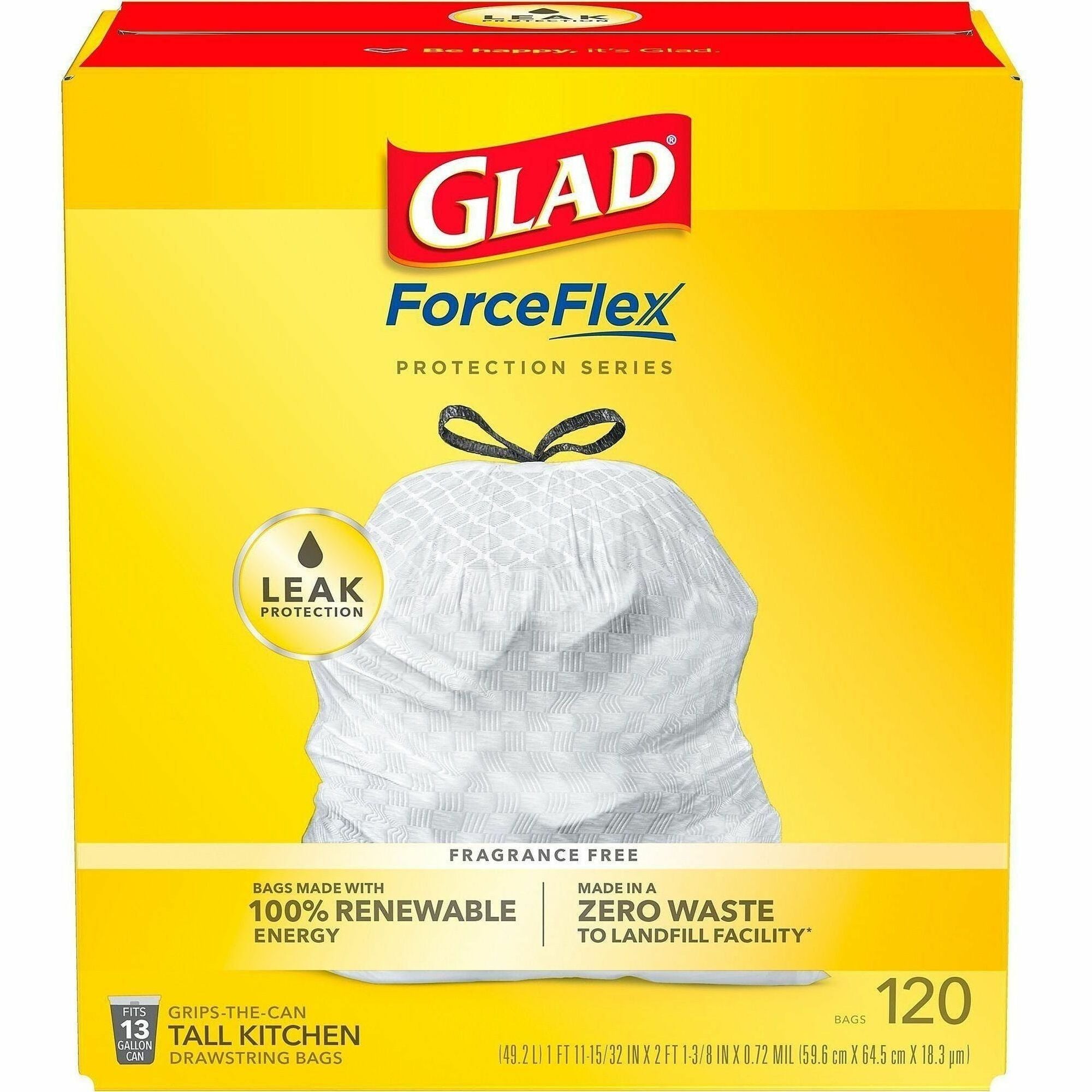 Glad ForceFlex Tall Kitchen Drawstring Trash Bags - 13 gal Capacity - 9 mil (229 Micron) Thickness - Drawstring Closure - White - Plastic - 135/Pallet - 120 Per Box - Home, Breakroom, Day Care, Kitchen, Garbage