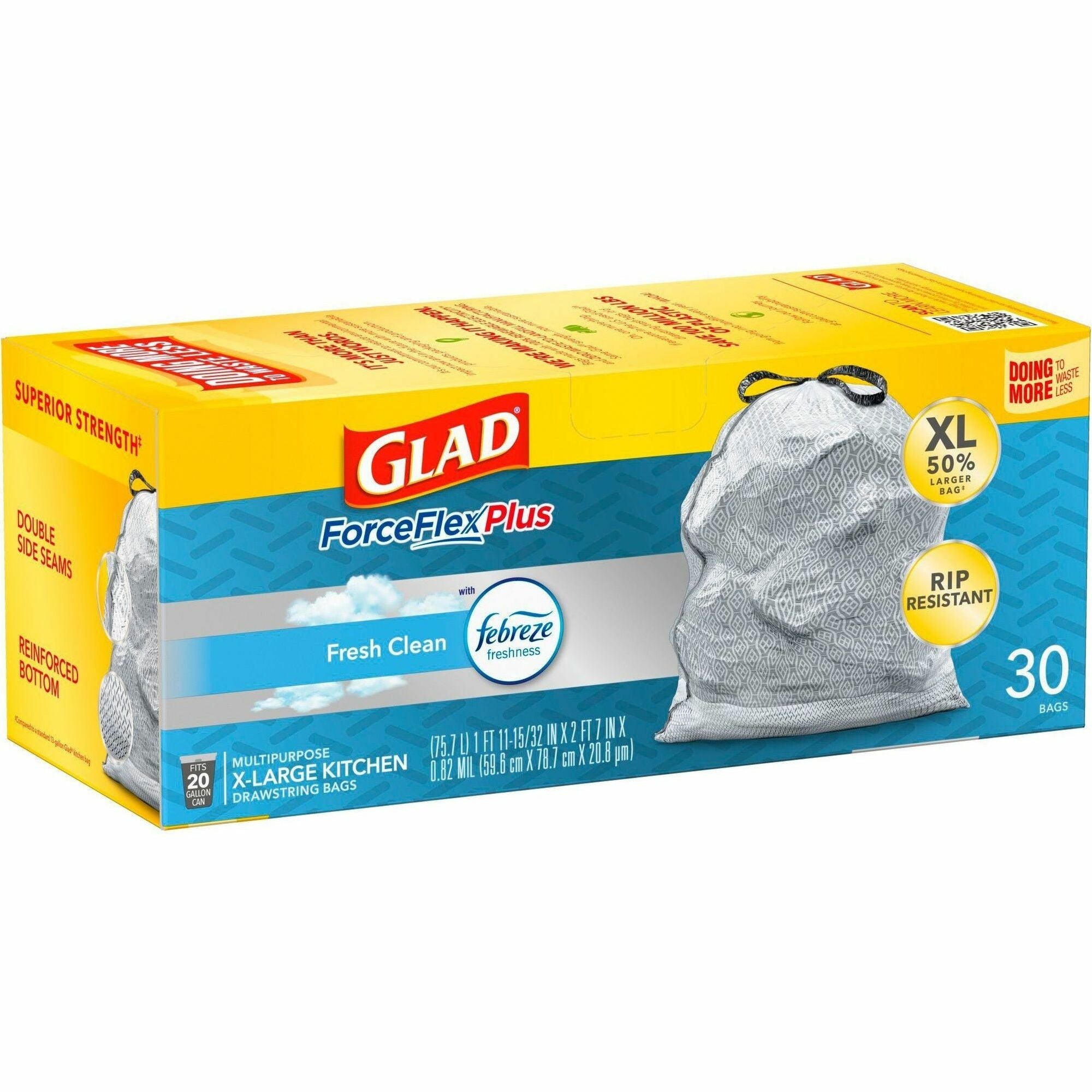 Glad ForceFlexPlus X-Large Kitchen Drawstring Bags - Fresh Clean with Febreze Freshness - Large Size - 20 gal Capacity - 24.02" Width x 32.01" Length - Drawstring Closure - Gray - 180/Bundle - 30 Per Box - Home, Office, Garbage, Kitchen - 1