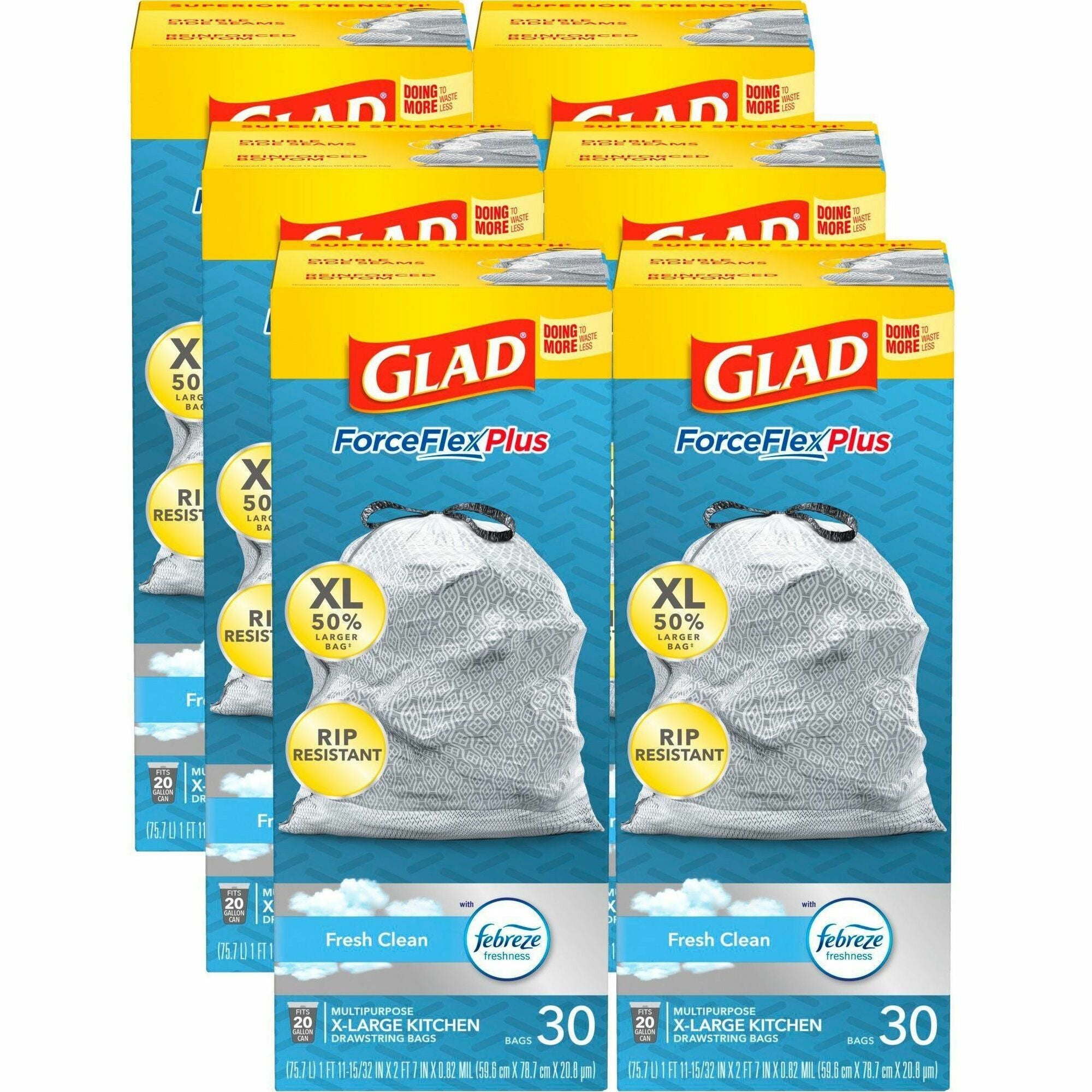 Glad ForceFlexPlus X-Large Kitchen Drawstring Bags - Fresh Clean with Febreze Freshness - Large Size - 20 gal Capacity - 24.02" Width x 32.01" Length - Drawstring Closure - Gray - 6/Carton - 30 Per Box - Home, Garbage, Office, Kitchen - 1