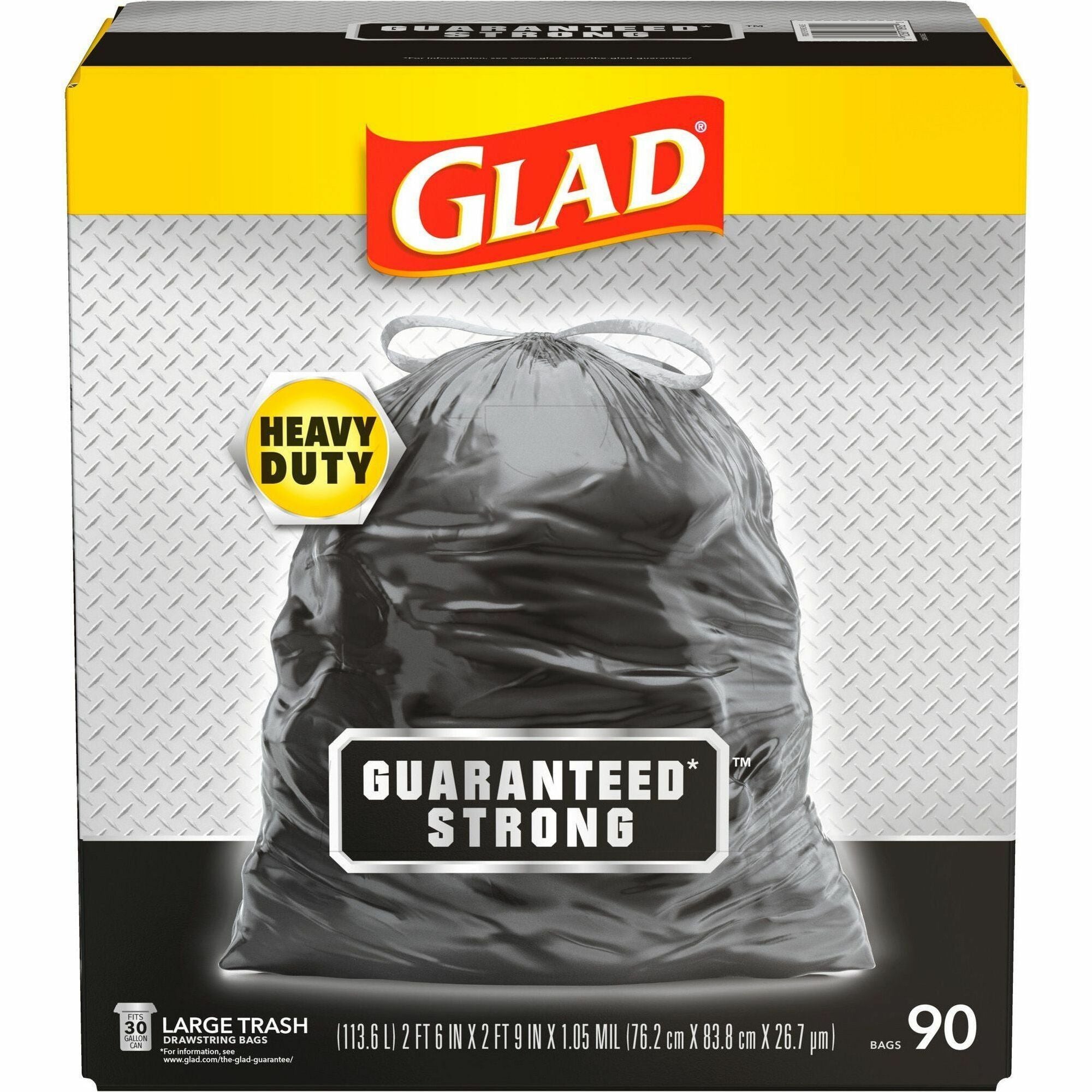 Glad Large Drawstring Trash Bags - Large Size - 30 gal Capacity - 30" Width x 32.99" Length - 1.05 mil (27 Micron) Thickness - Drawstring Closure - Black - Plastic - 34/Bundle - 90 Per Box - Garbage, Indoor, Outdoor - 1