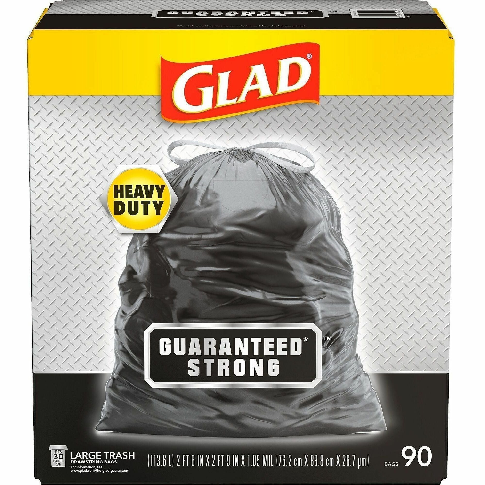 Glad Large Drawstring Trash Bags - Large Size - 30 gal Capacity - 30" Width x 32.99" Length - 1.05 mil (27 Micron) Thickness - Drawstring Closure - Black - Plastic - 34/Bundle - 90 Per Box - Garbage, Indoor, Outdoor