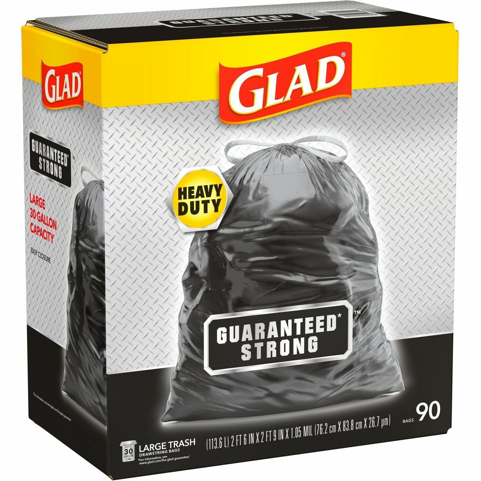 Glad Large Drawstring Trash Bags - Large Size - 30 gal Capacity - 30" Width x 32.99" Length - 1.05 mil (27 Micron) Thickness - Drawstring Closure - Black - Plastic - 68/Pallet - 90 Per Box - Garbage, Indoor, Outdoor - 5