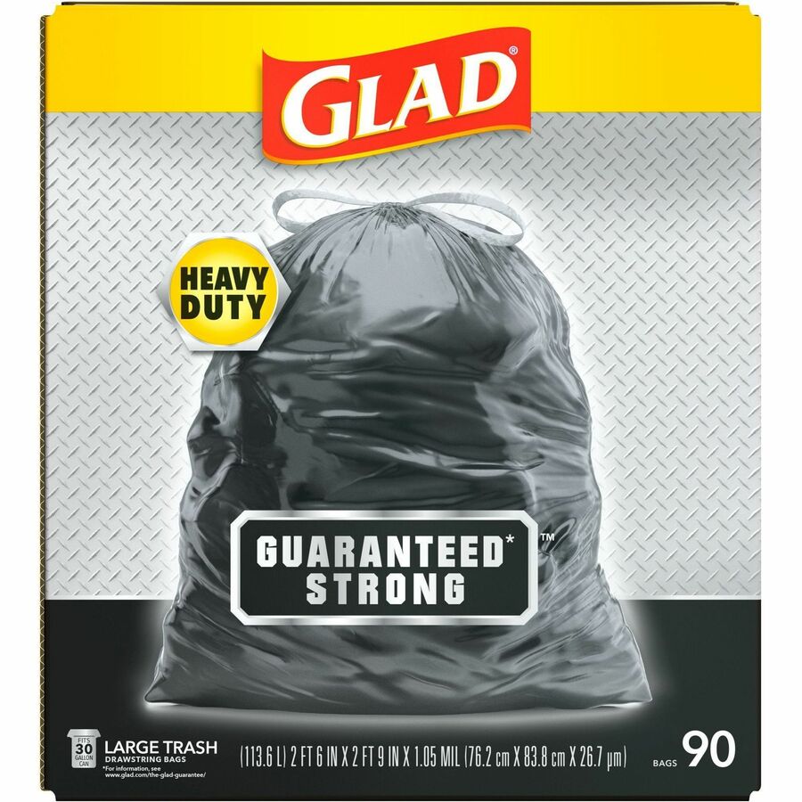 Glad Large Drawstring Trash Bags - Large Size - 30 gal Capacity - 30" Width x 32.99" Length - 1.05 mil (27 Micron) Thickness - Drawstring Closure - Black - Plastic - 68/Pallet - 90 Per Box - Garbage, Indoor, Outdoor - 8