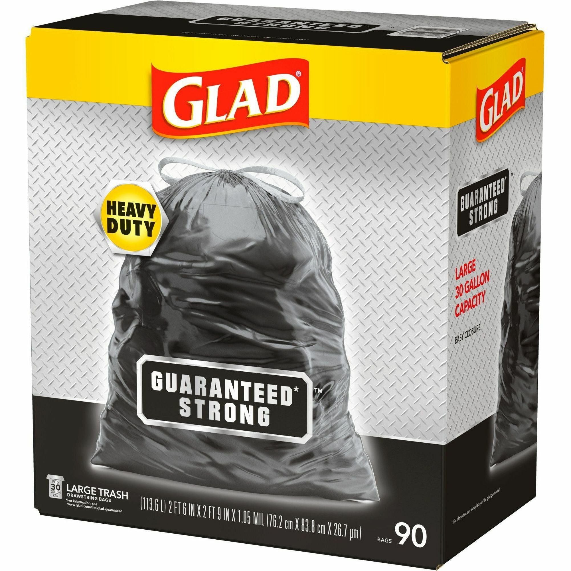 Glad Large Drawstring Trash Bags - Large Size - 30 gal Capacity - 30" Width x 32.99" Length - 1.05 mil (27 Micron) Thickness - Drawstring Closure - Black - Plastic - 68/Pallet - 90 Per Box - Garbage, Indoor, Outdoor - 4