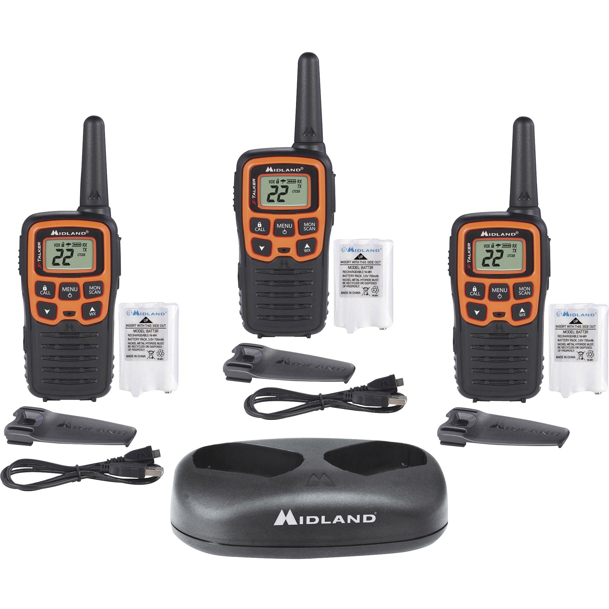 Midland X-TALKER T51X3VP3 Walkie Talkie Three Pack - 22 Radio Channels - 22 FRS - Upto 147840 ft - 38 Total Privacy Codes - Hands-free - Black, Orange - 3 Each