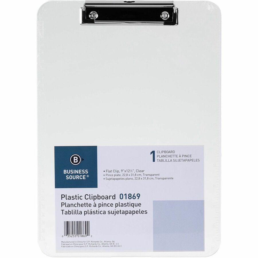 Business Source Flat Clip Clipboard - 9" x 12" - Plastic - Clear - 1 Each - 6