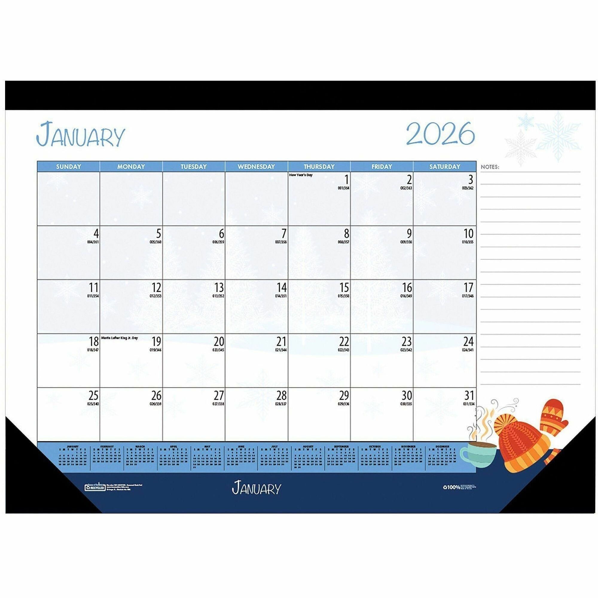 Recycled Desk Pad Calendar, Illustrated Seasons Artwork, 22 x 17, Black Binding/Corners,12-Month (Jan to Dec): 2024