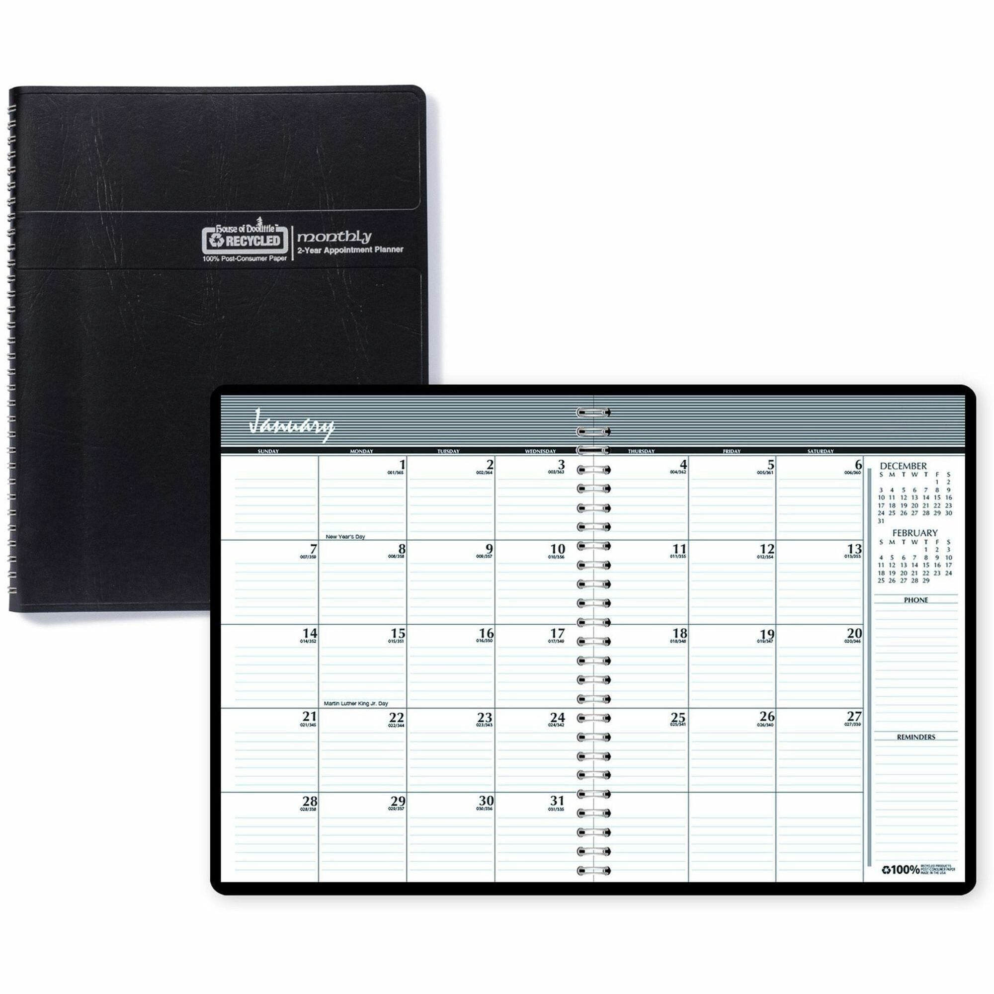 house-of-doolittle-2680-02-planner-personal-julian-dates-monthly-24-month-january-2024-december-2025-1-month-double-page-layout-6-55-64-x-8-3-4-blue-sheet-wire-bound-leather-black-covertime-zone-recyclable-conversion-table_hod268002 - 1