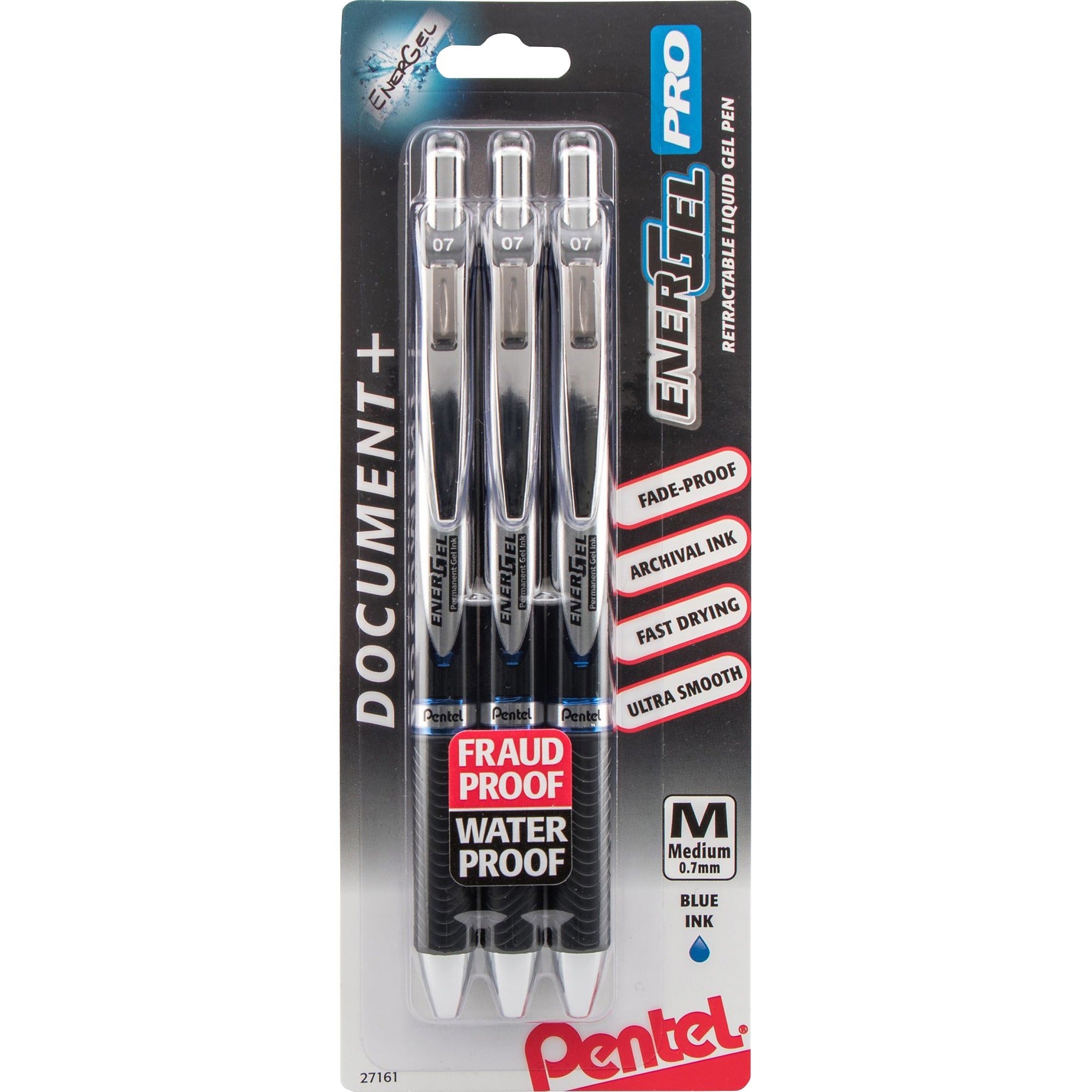 EnerGel PRO Hybrid Gel Pen, Retractable, Medium 0.7 mm, Blue Ink, Black Barrel, 3/Pack