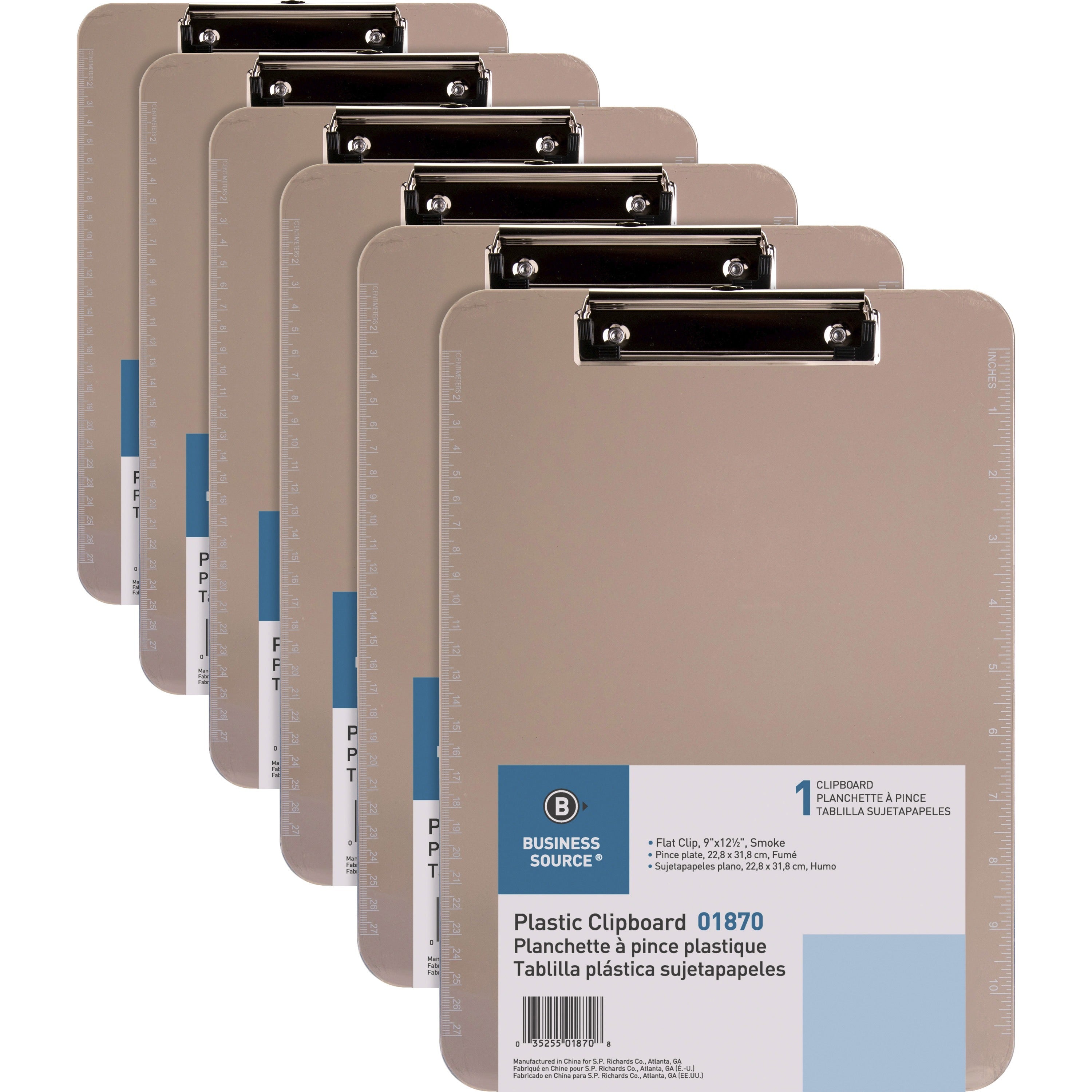 business-source-flat-clip-plastic-clipboard-9-x-12-plastic-smoke-6-bundle_bsn01870bd - 1