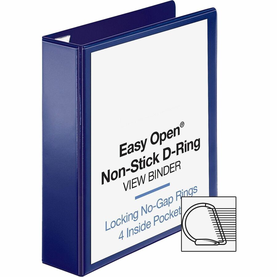 Business Source Easy Open Nonstick D-Ring View Binder - 2" Binder Capacity - Letter - 8 1/2" x 11" Sheet Size - D-Ring Fastener(s) - 4 Pocket(s) - Polypropylene - Navy - Non-stick - 1 Each