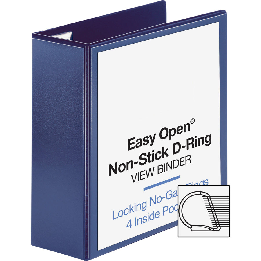 Business Source Easy Open Nonstick D-Ring View Binder - 4" Binder Capacity - Letter - 8 1/2" x 11" Sheet Size - D-Ring Fastener(s) - 4 Pocket(s) - Polypropylene - Navy - Non-stick - 1 Each