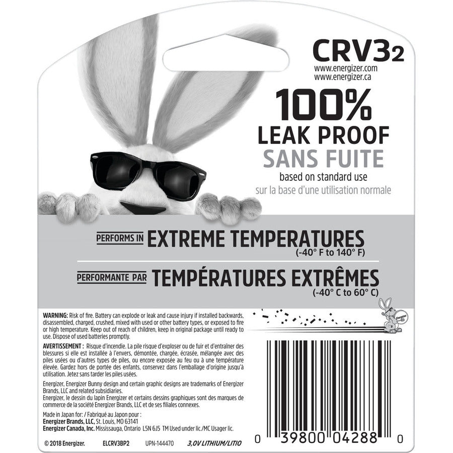 Energizer CRV3 Batteries, 2 Pack - For Multipurpose - 3 V DC - 3000 mAh - Lithium (Li) - 2 / Pack