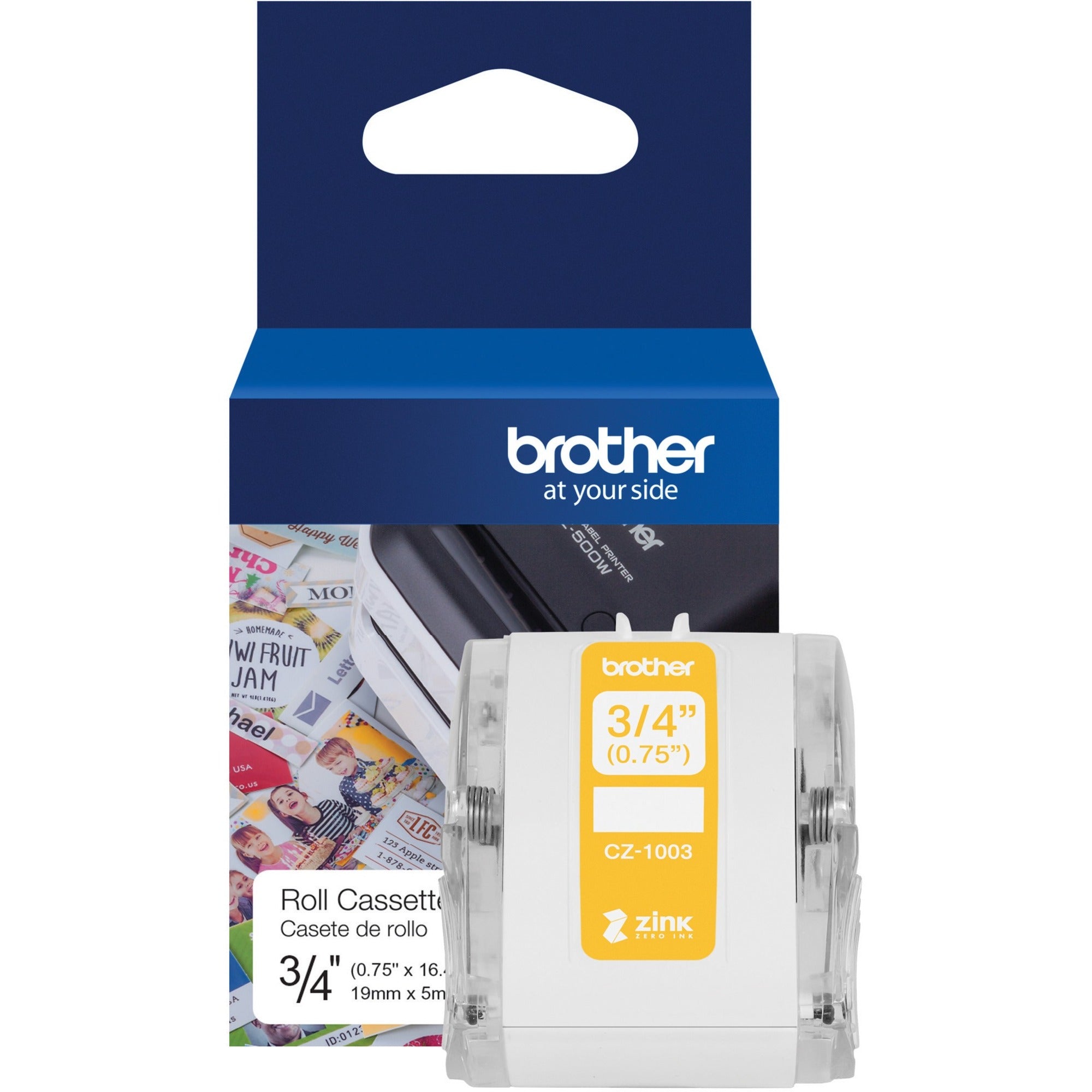 Brother Genuine CZ-1003 continuous length " (0.75") 19 mm wide x 16.4 ft. (5 m) long label roll featuring Zero Ink technology - 3/4" Width - Zero Ink (ZINK) - Paper - 1 Each - Water Resistant - 1