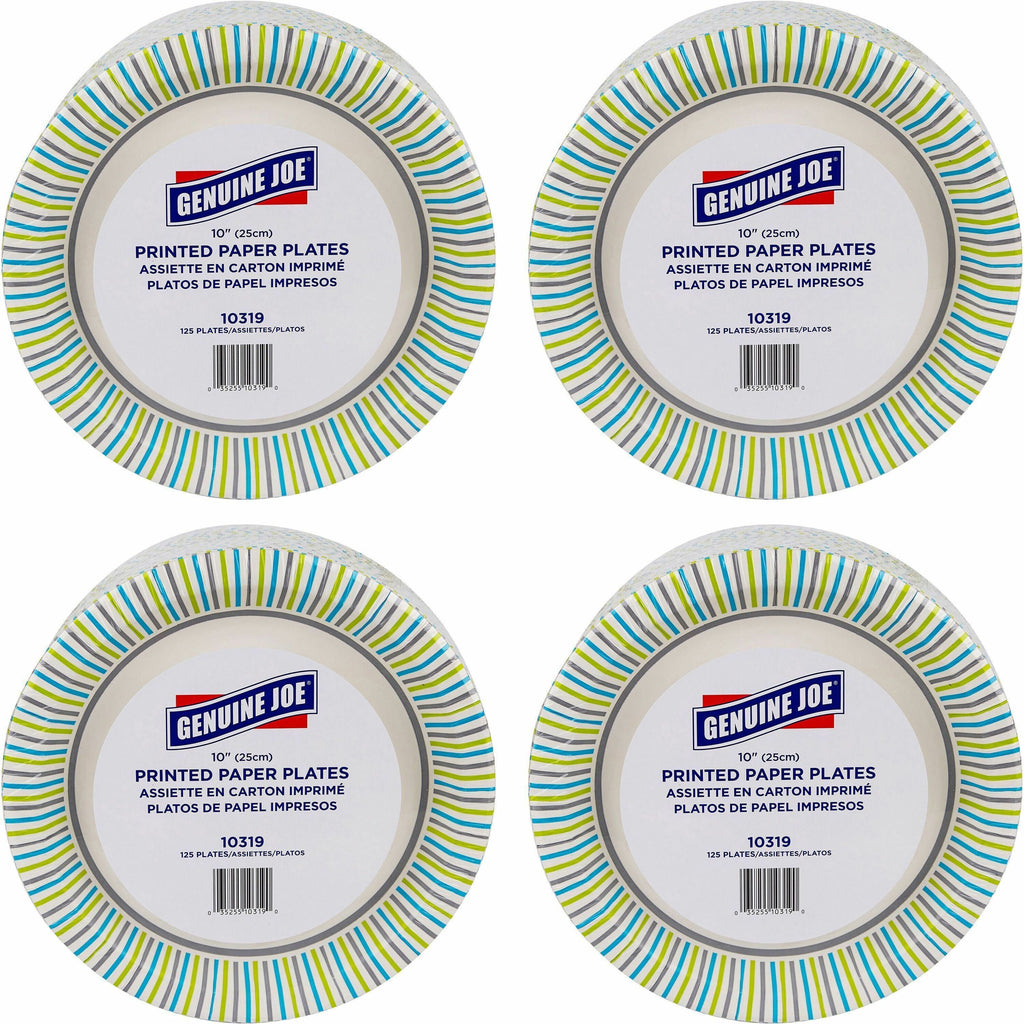 Genuine Joe 10" Printed Paper Plates - 125 / Pack - Disposable - Assorted - 4 / Carton
