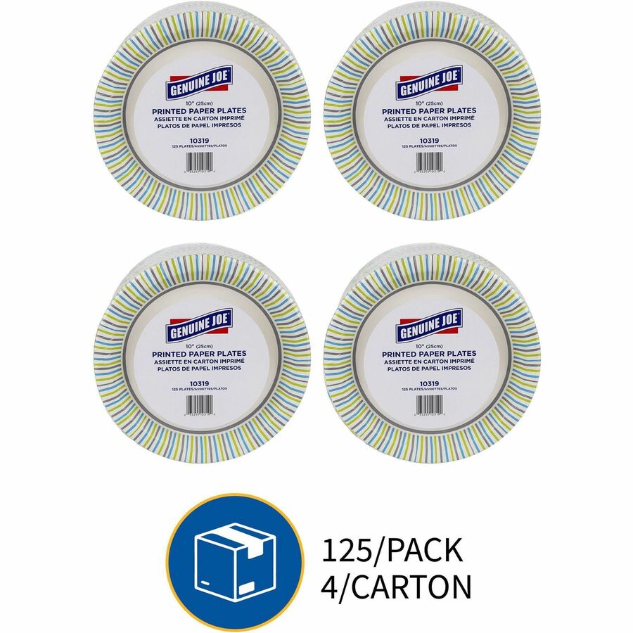 Genuine Joe 10" Printed Paper Plates - 125 / Pack - Disposable - Assorted - 4 / Carton