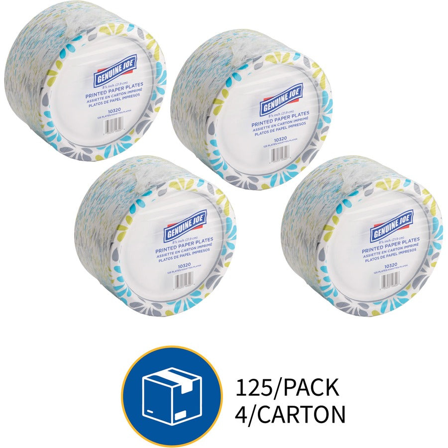 Genuine Joe 9" Printed Paper Plates - 125 / Pack - Disposable - Assorted - 4 / Carton
