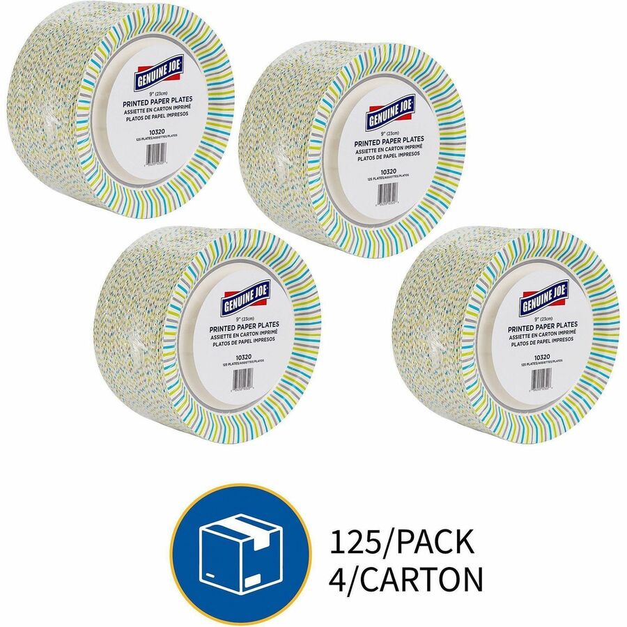 Genuine Joe 9" Printed Paper Plates - 125 / Pack - Disposable - Assorted - 4 / Carton