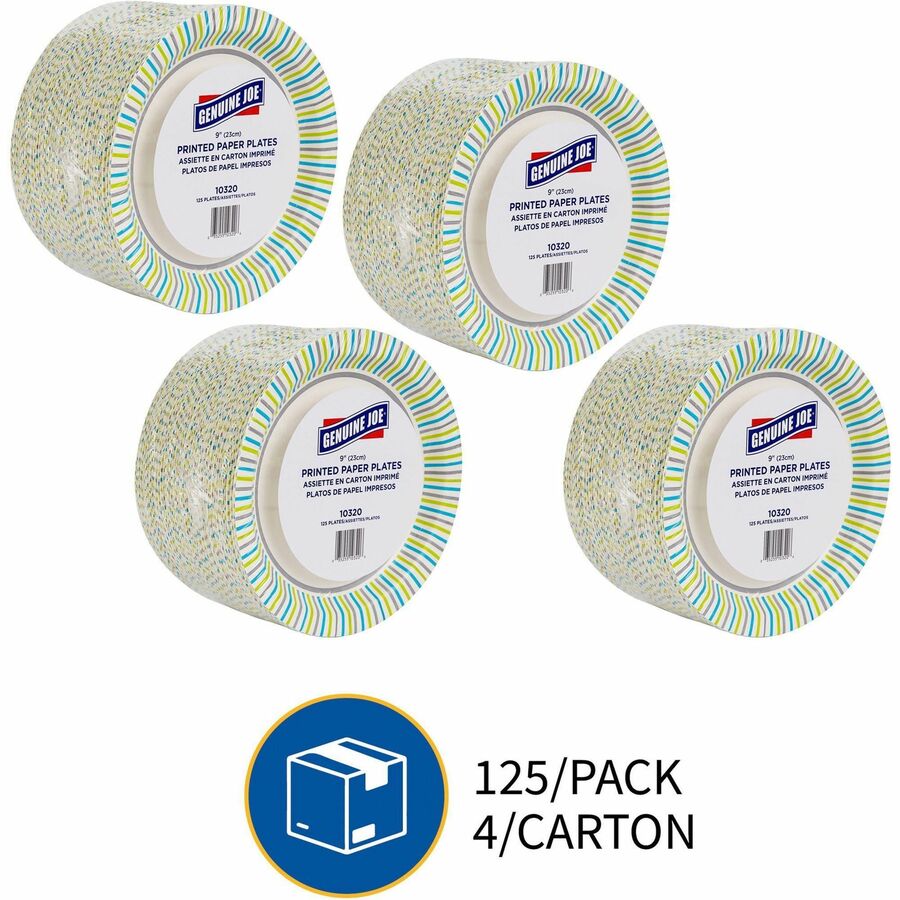 Genuine Joe 9" Printed Paper Plates - 125 / Pack - Disposable - Assorted - 4 / Carton