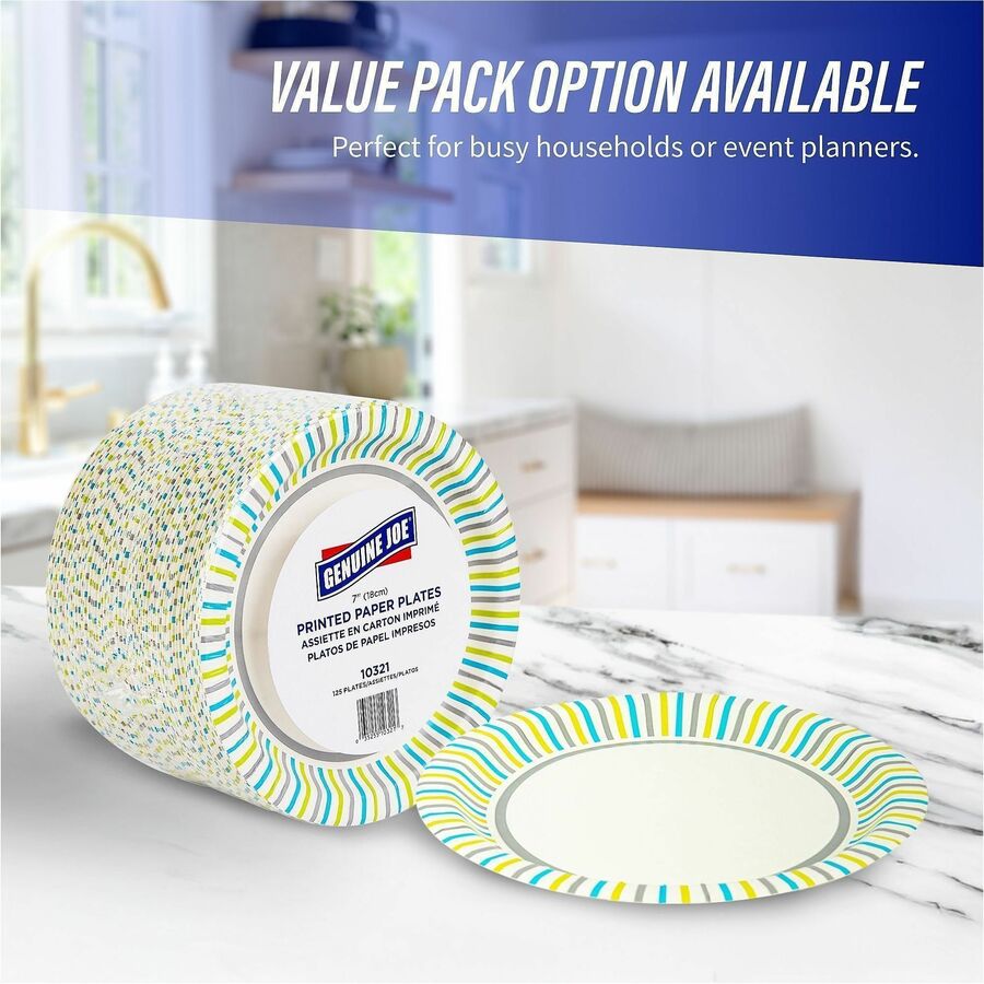 Genuine Joe 7" Printed Paper Plates - 125 / Pack - Disposable - Assorted - 4 / Carton