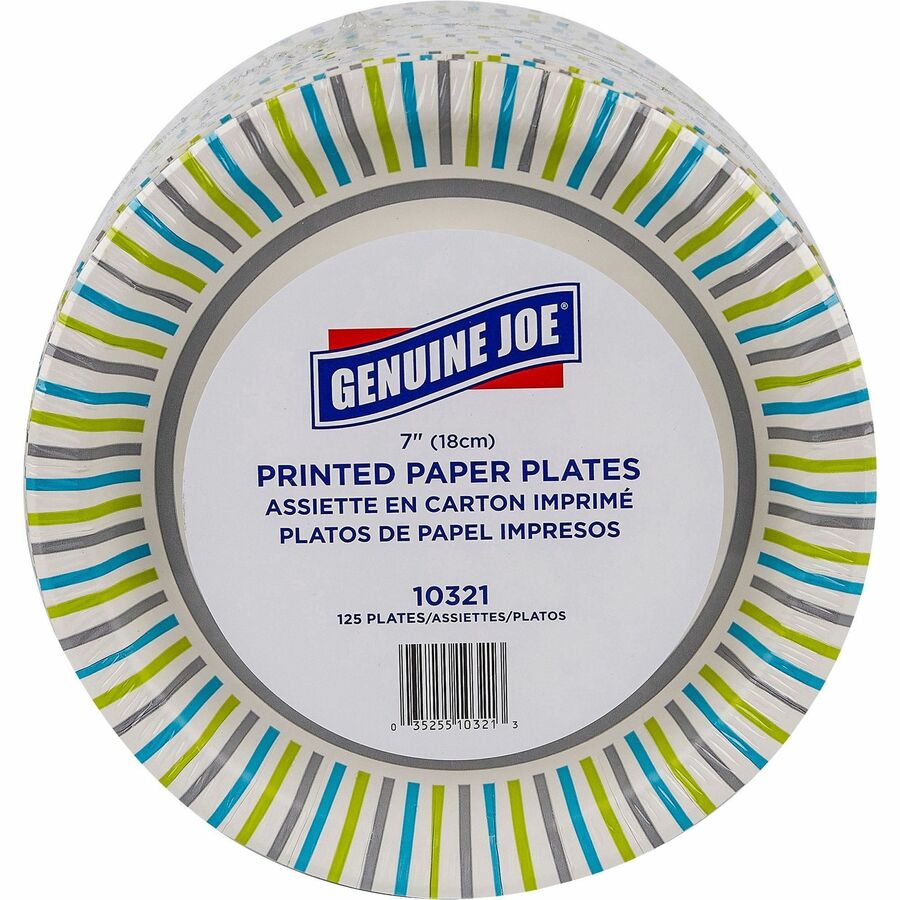 Genuine Joe 7" Printed Paper Plates - 125 / Pack - Disposable - Assorted - 4 / Carton