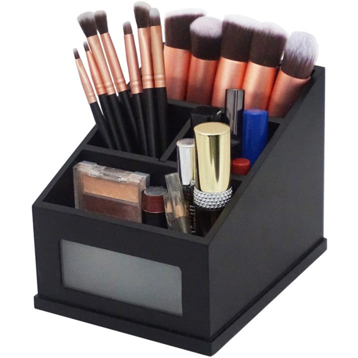 victor-midnight-black-multi-use-storage-caddy-with-adjustable-compartment-4-compartments-650-49-height-x-46-width%desktop-non-slip-feet-black-rubber-frosted-glass-wood-1-each_vct95385 - 6