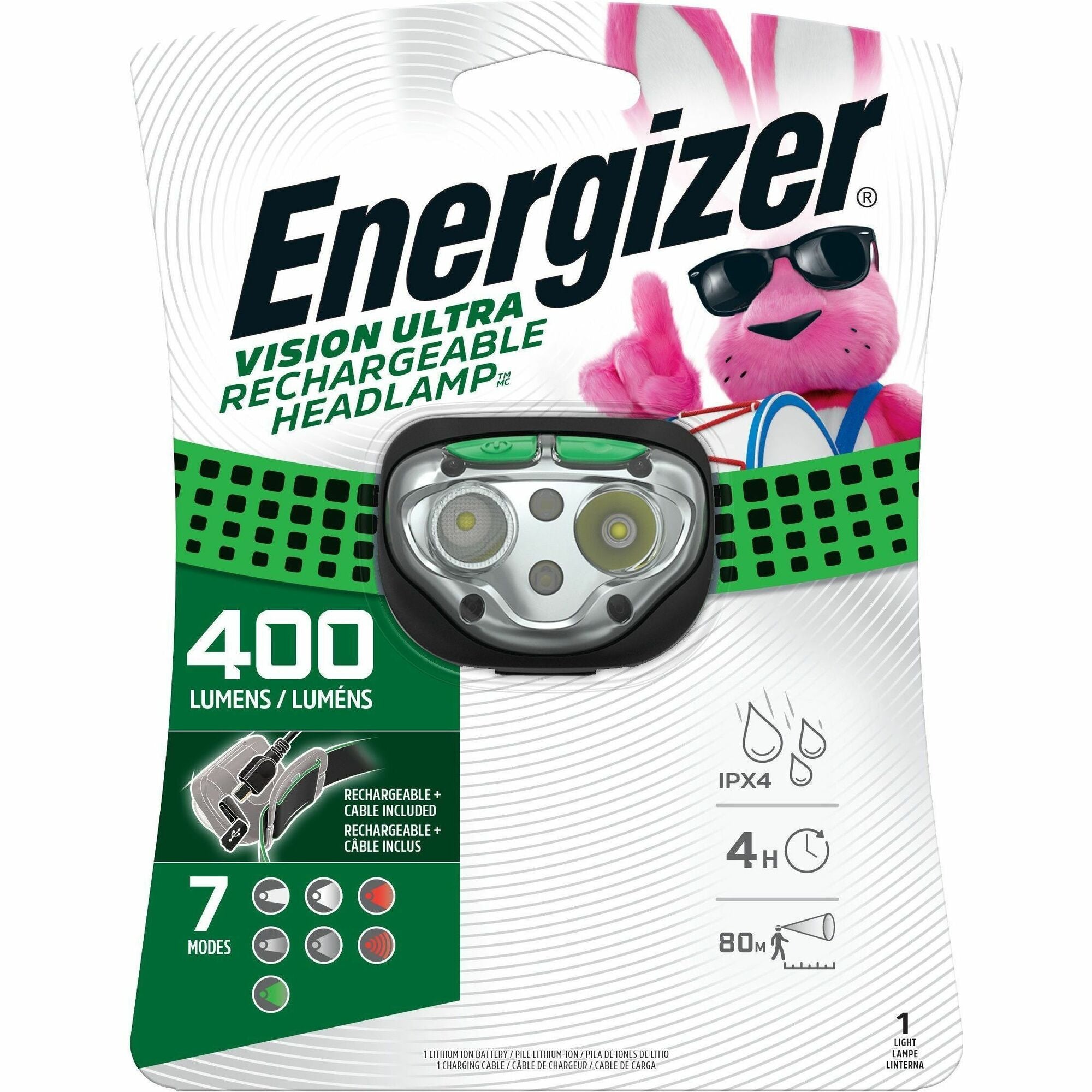 Energizer Vision Ultra HD Rechargeable Headlamp (Includes USB Charging Cable) - LED - 400 lm Lumen - Battery Rechargeable - Battery, USB - Water Resistant, Drop Resistant - Green