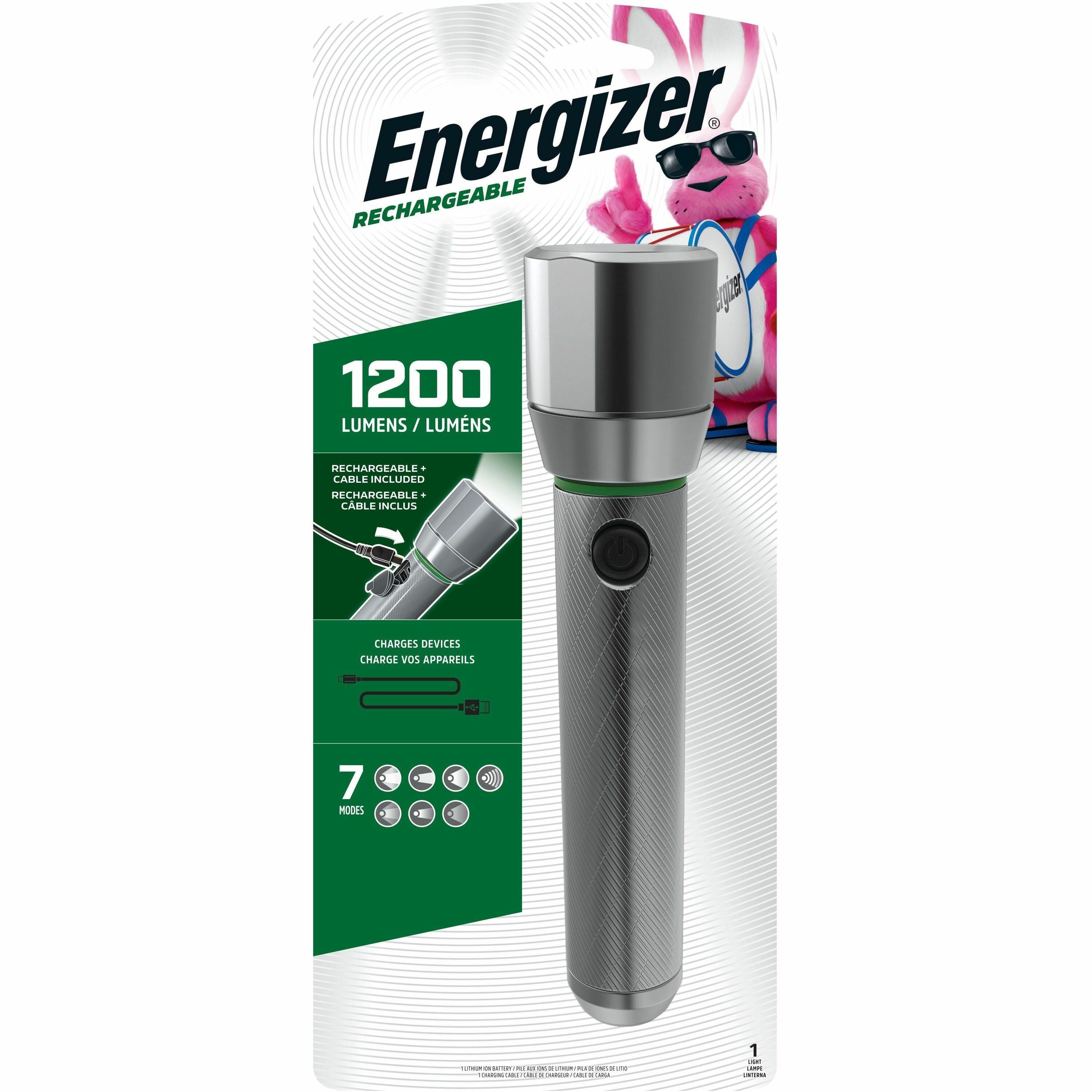 Energizer Vision HD Rechargeable LED Flashlight - LED - 1000 lm Lumen - Battery Rechargeable - Battery, USB - Aluminum Alloy - Drop Resistant, Impact Resistant - Aluminum