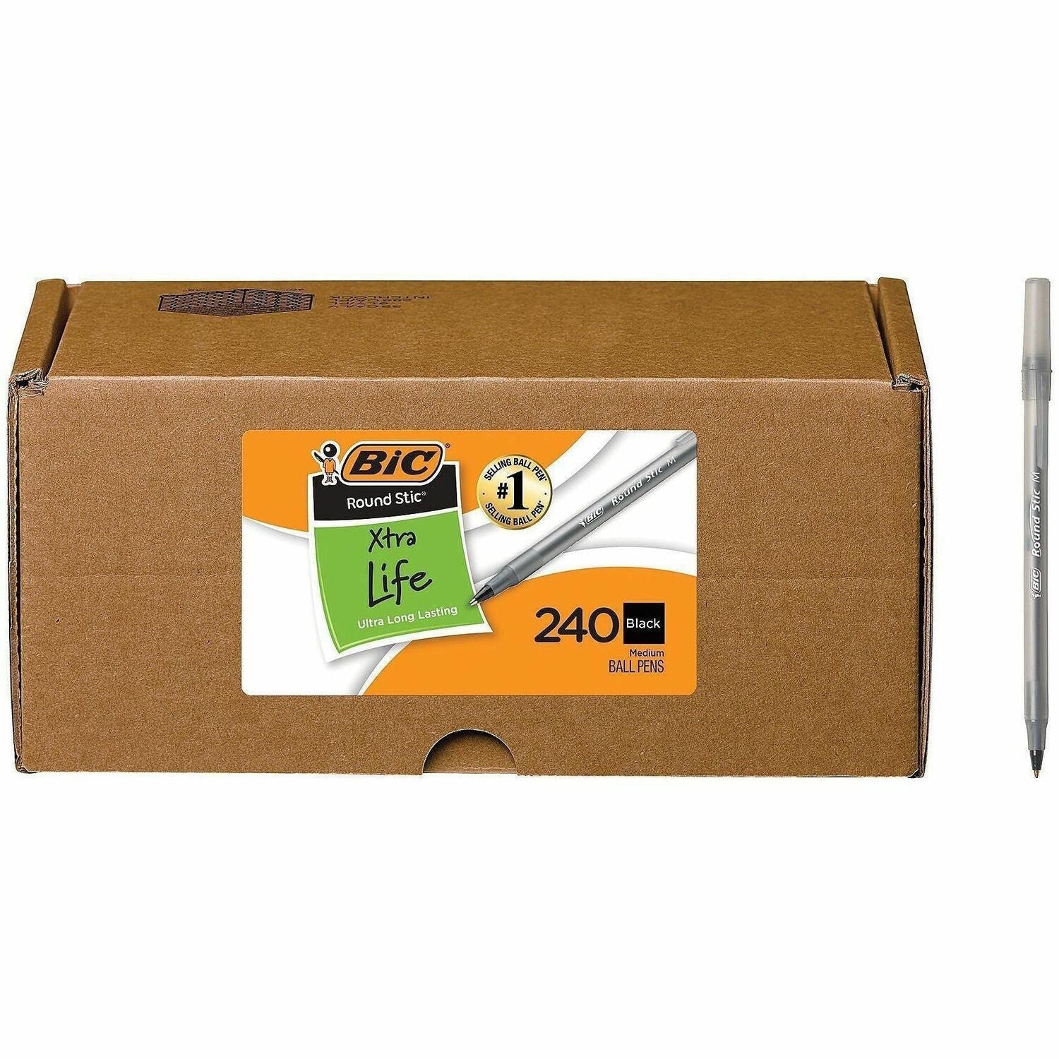 Round Stic Xtra Life Ballpoint Pen Xtra-Value Pack, Stick, Medium 1 mm, Black Ink, Translucent Frost Barrel, 240/Carton