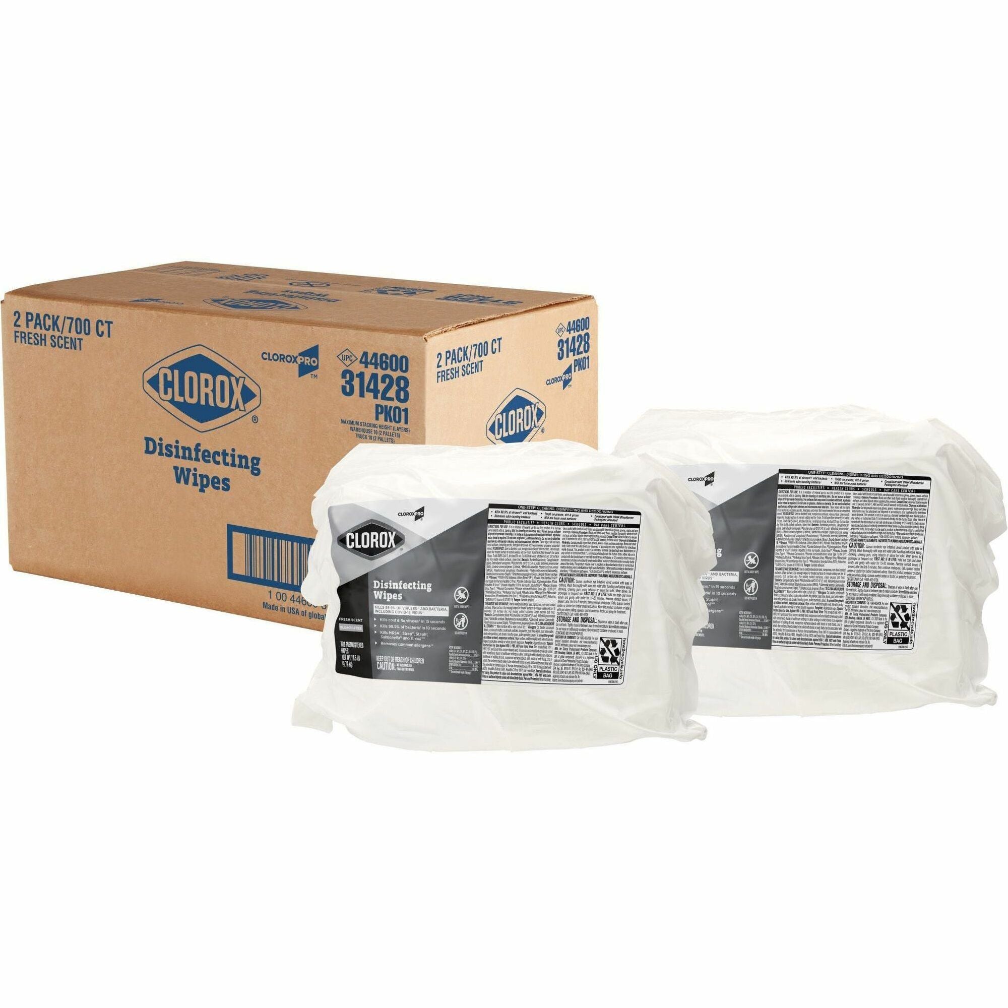 CloroxPro Disinfecting Wipes - For Multipurpose - Fresh Scent - 7" Length x 7" Width - 700 / Pack - 2 / Carton - Bleach-free, Pre-moistened, Antibacterial - White - 1