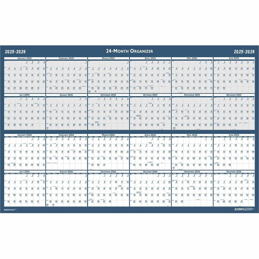 Reversible/Erasable 2 Year Wall Calendar, 24 x 37, Light Blue/Blue/White Sheets, 24-Month (Jan to Dec): 2024 to 2025