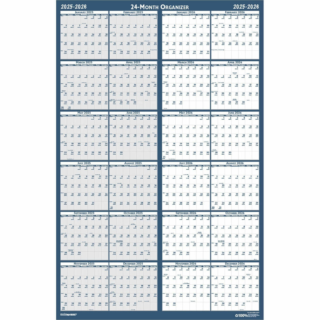 Reversible/Erasable 2 Year Wall Calendar, 24 x 37, Light Blue/Blue/White Sheets, 24-Month (Jan to Dec): 2024 to 2025