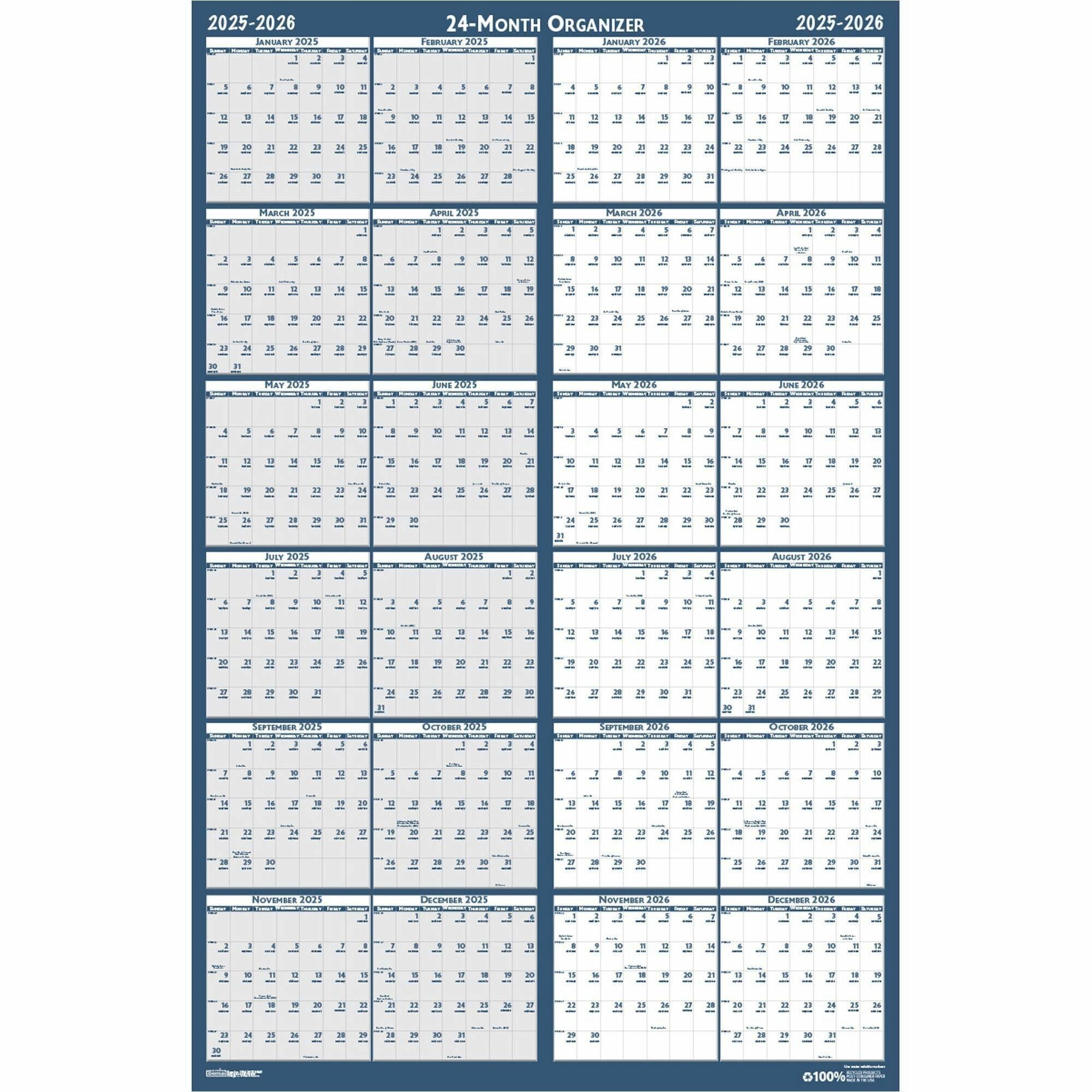 Reversible/Erasable 2 Year Wall Calendar, 24 x 37, Light Blue/Blue/White Sheets, 24-Month (Jan to Dec): 2024 to 2025