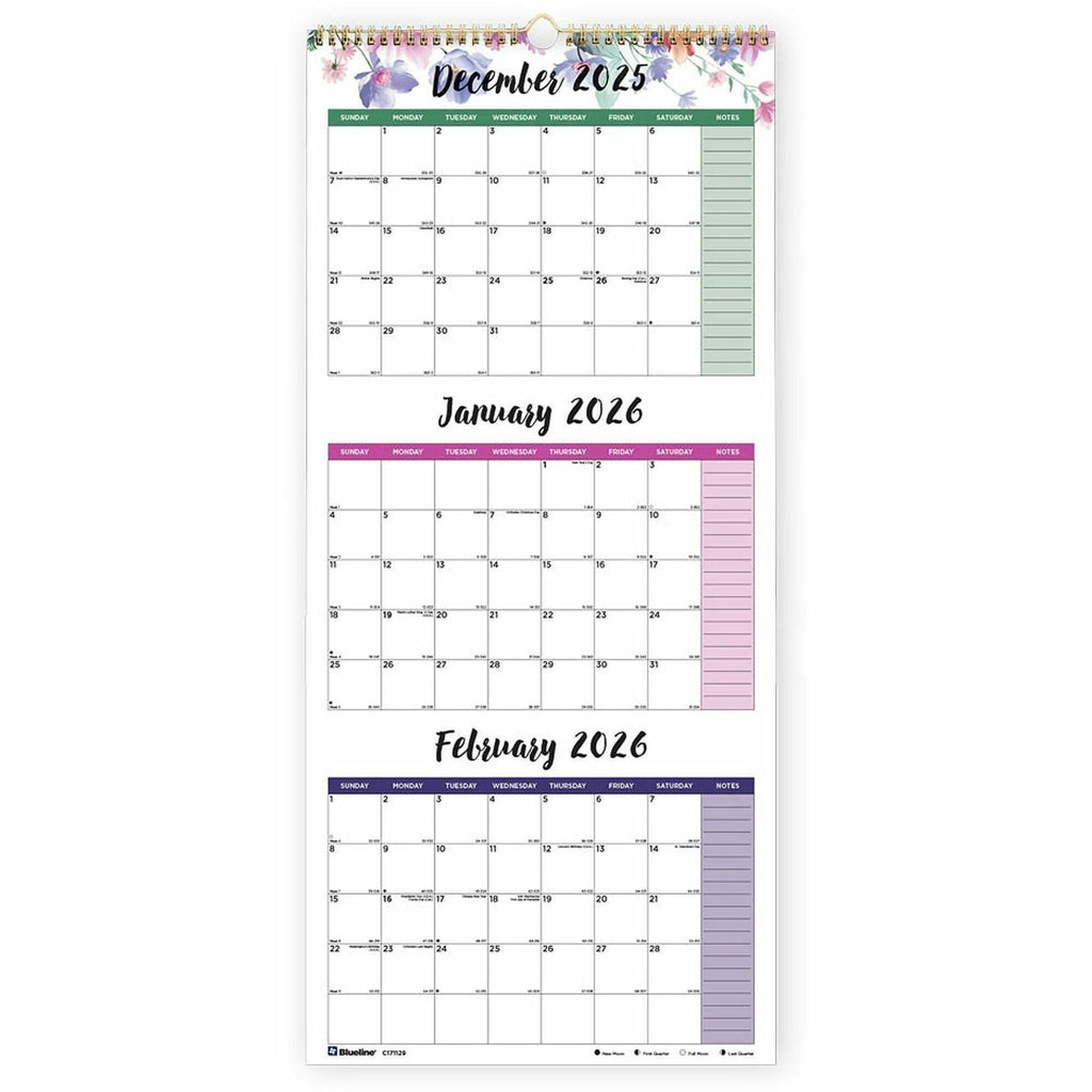 3-Month Wall Calendar, Colorful Leaves Artwork, 12.25 x 27, White/Multicolor Sheets, 14-Month (Dec to Jan): 2024