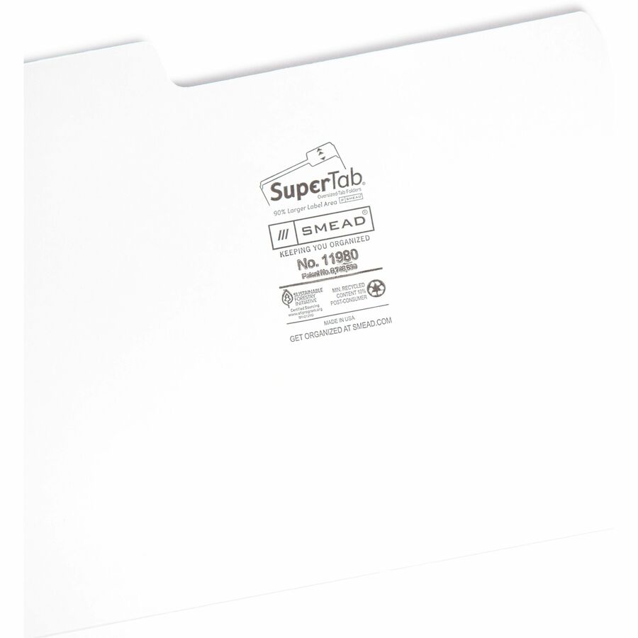 Smead SuperTab 1/3 Tab Cut Letter Recycled Top Tab File Folder - 8 1/2" x 11" - 3/4" Expansion - Assorted Position Tab Position - White - 10% Recycled - 100 / Box
