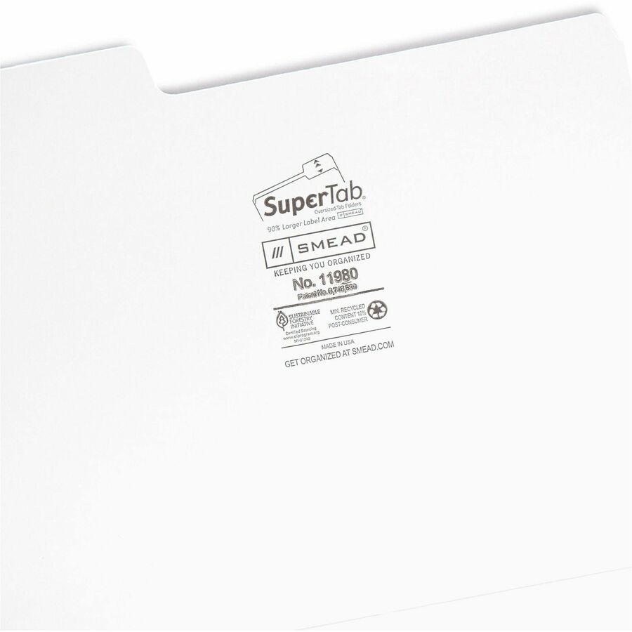 Smead SuperTab 1/3 Tab Cut Letter Recycled Top Tab File Folder - 8 1/2" x 11" - 3/4" Expansion - Assorted Position Tab Position - White - 10% Recycled - 100 / Box