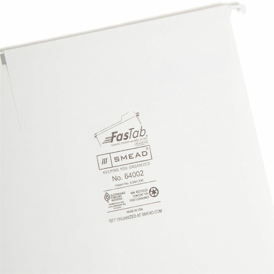 FasTab Hanging Folders, Letter Size, 1/3-Cut Tabs, White, 20/Box