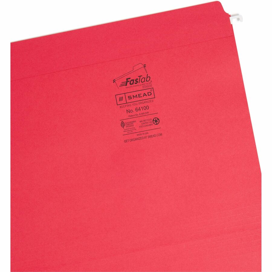 Smead FasTab Straight Tab Cut Letter Recycled Hanging Folder - 8 1/2" x 11" - Assorted Position Tab Position - Blue, Green, Red - 10% Recycled - 18 / Box