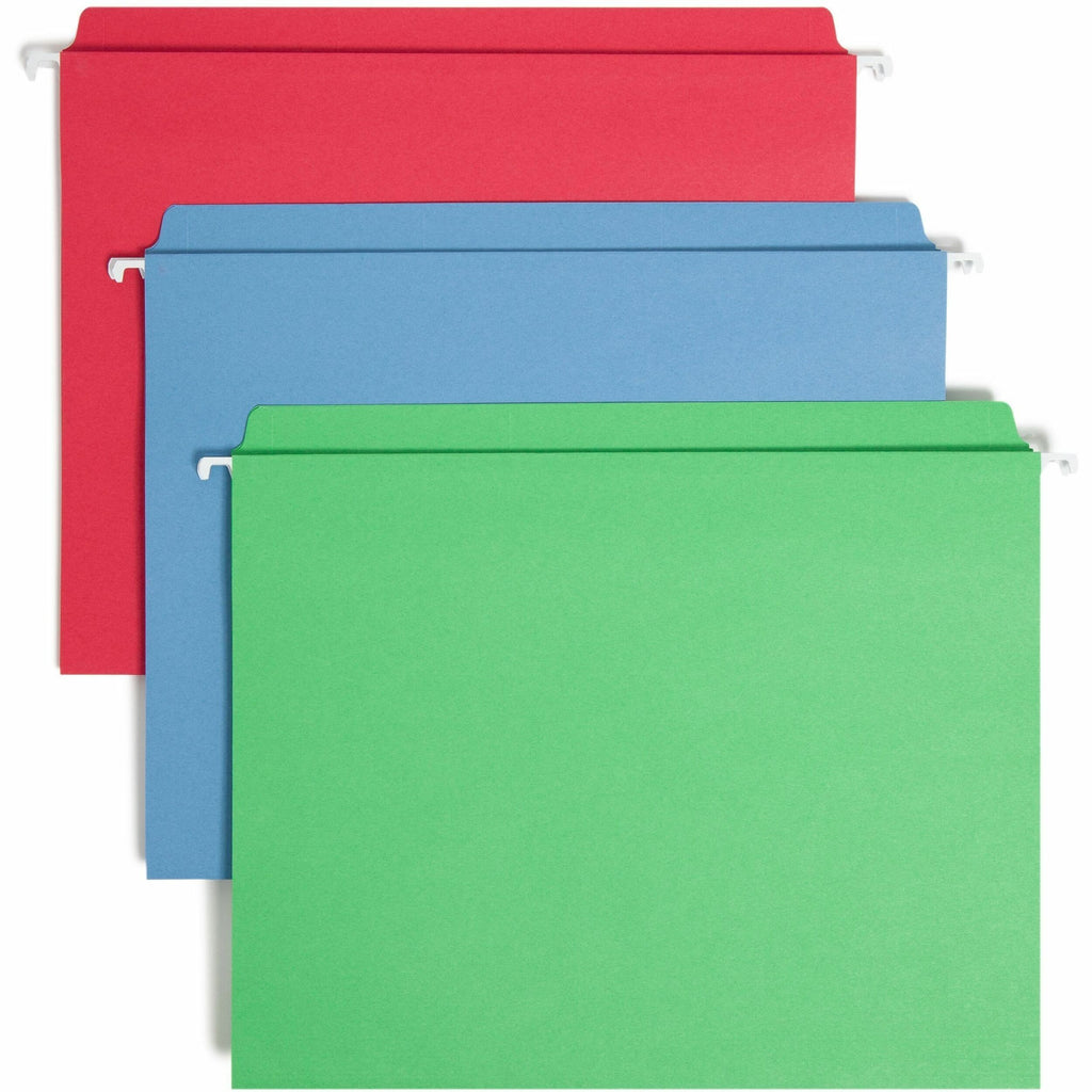 Smead FasTab Straight Tab Cut Letter Recycled Hanging Folder - 8 1/2" x 11" - Assorted Position Tab Position - Blue, Green, Red - 10% Recycled - 18 / Box