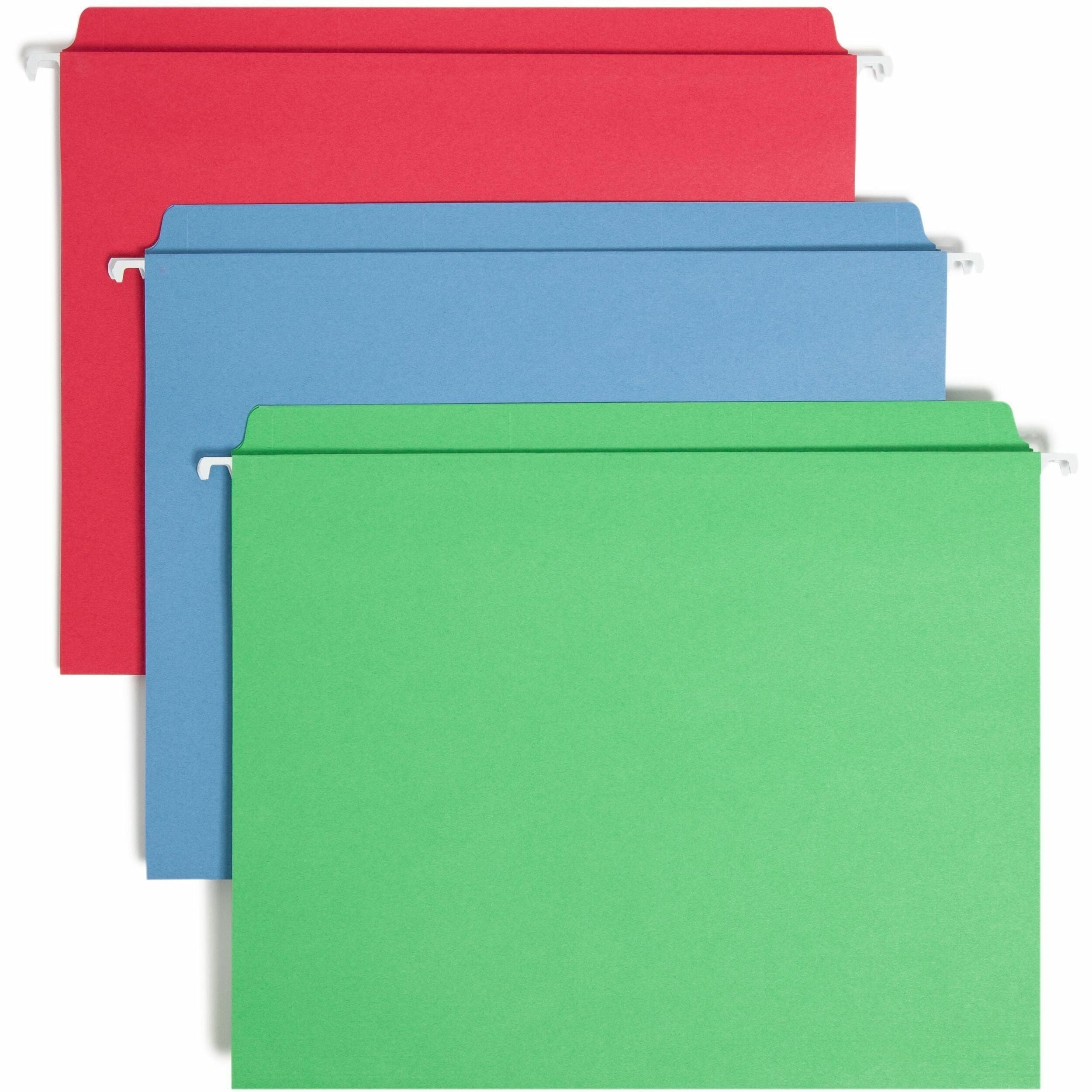 Smead FasTab Straight Tab Cut Letter Recycled Hanging Folder - 8 1/2" x 11" - Assorted Position Tab Position - Blue, Green, Red - 10% Recycled - 18 / Box