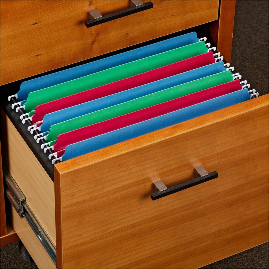 Smead FasTab Straight Tab Cut Letter Recycled Hanging Folder - 8 1/2" x 11" - Assorted Position Tab Position - Blue, Green, Red - 10% Recycled - 18 / Box