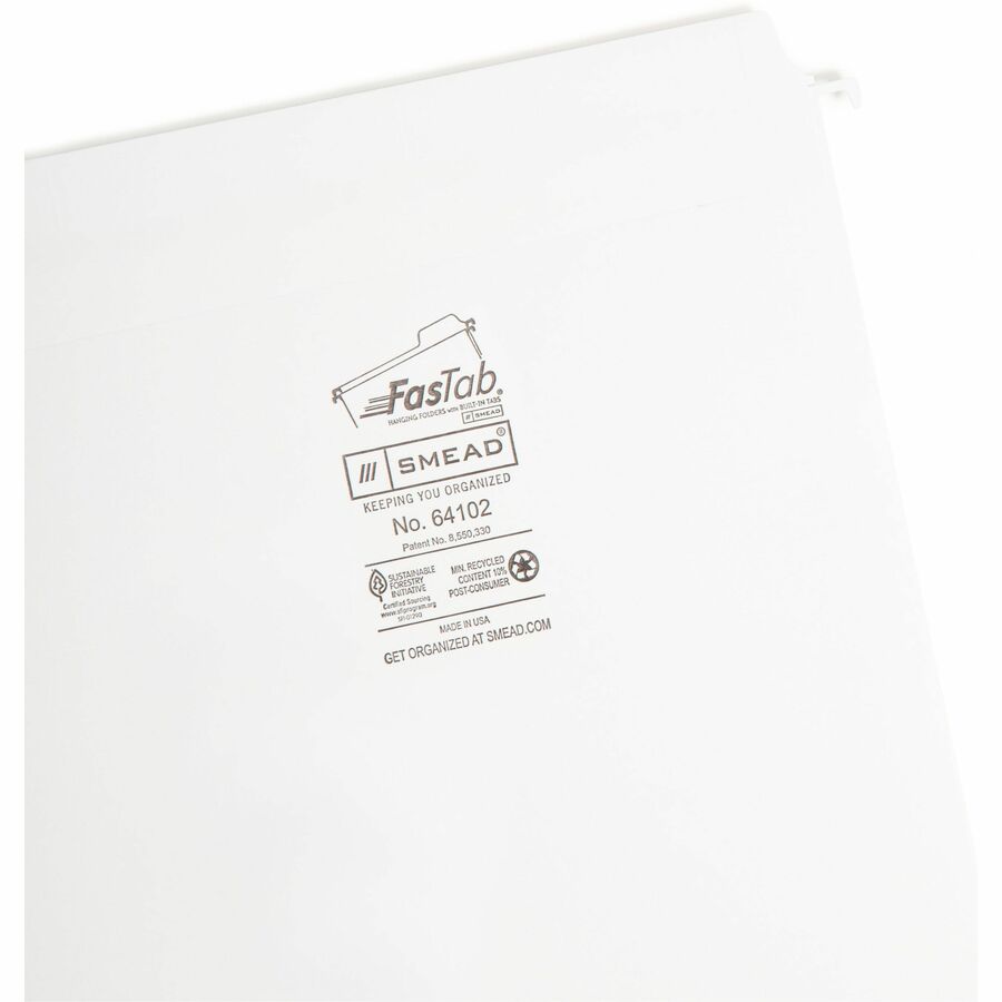 Smead FasTab Straight Tab Cut Letter Recycled Hanging Folder - 8 1/2" x 11" - Assorted Position Tab Position - White - 10% Recycled - 20 / Box