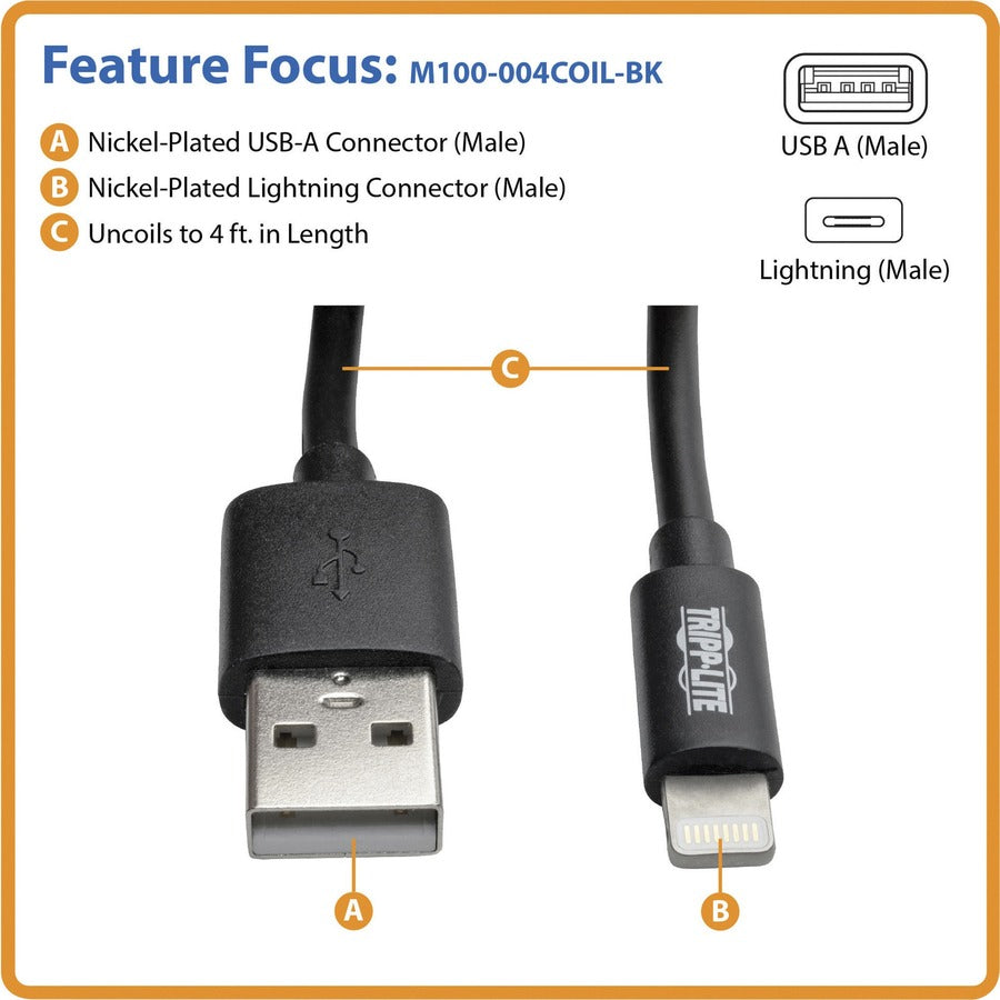 Tripp Lite by Eaton Lightning Connector USB Coiled Cable - 4 ft Lightning/USB Data Transfer Cable for Desktop Computer, iPhone, iPad, iPod, Notebook, Charger - First End: Lightning - Second End: USB Type A - Nickel Plated Connector - Black - 1 Each