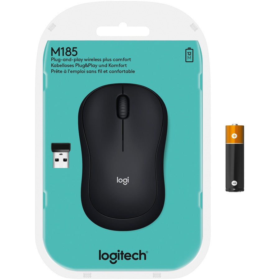 Logitech M185 Wireless Mouse - Optical - Wireless - Radio Frequency - 2.40 GHz - Gray - 1 Pack - USB - 1000 dpi - Scroll Wheel - 3 Button(s) - Symmetrical