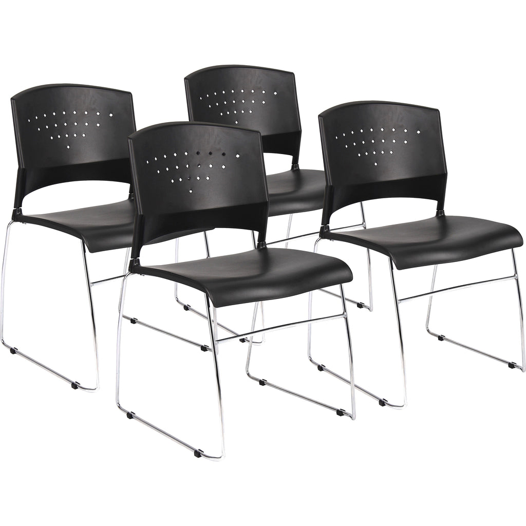 Boss Black Stack Chair With Chrome Frame 4 Pcs Pack - Black Polypropylene Seat - Black Polypropylene Back - Chrome Frame - Sled Base - 4 Pack