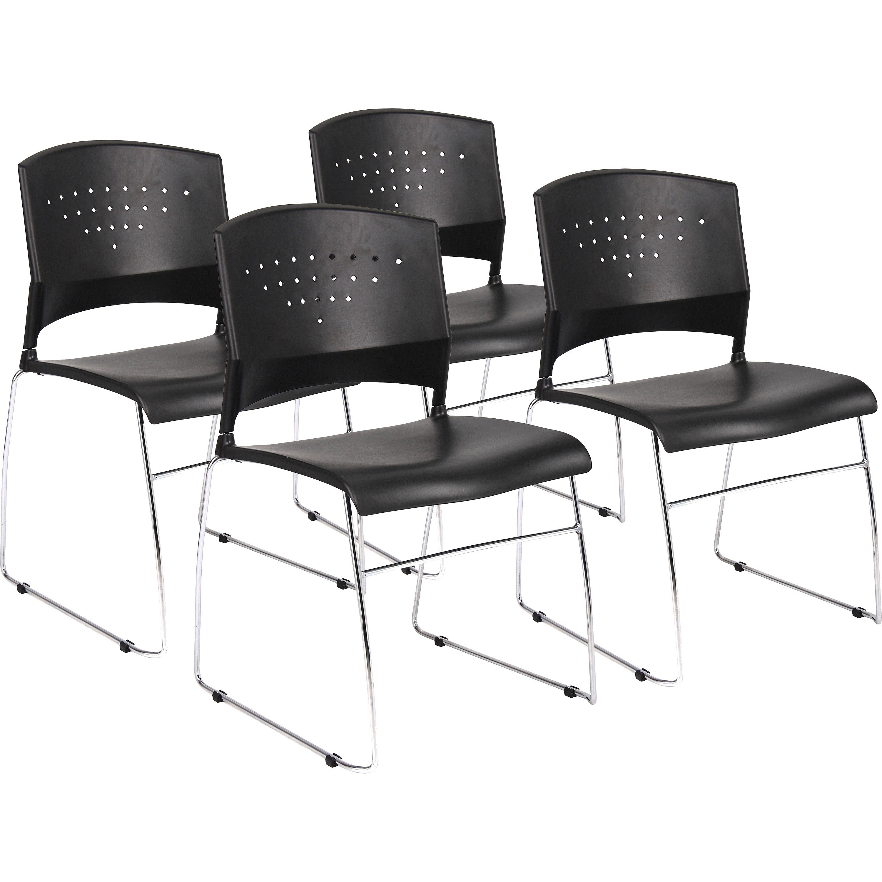 Boss Black Stack Chair With Chrome Frame 4 Pcs Pack - Black Polypropylene Seat - Black Polypropylene Back - Chrome Frame - Sled Base - 4 Pack