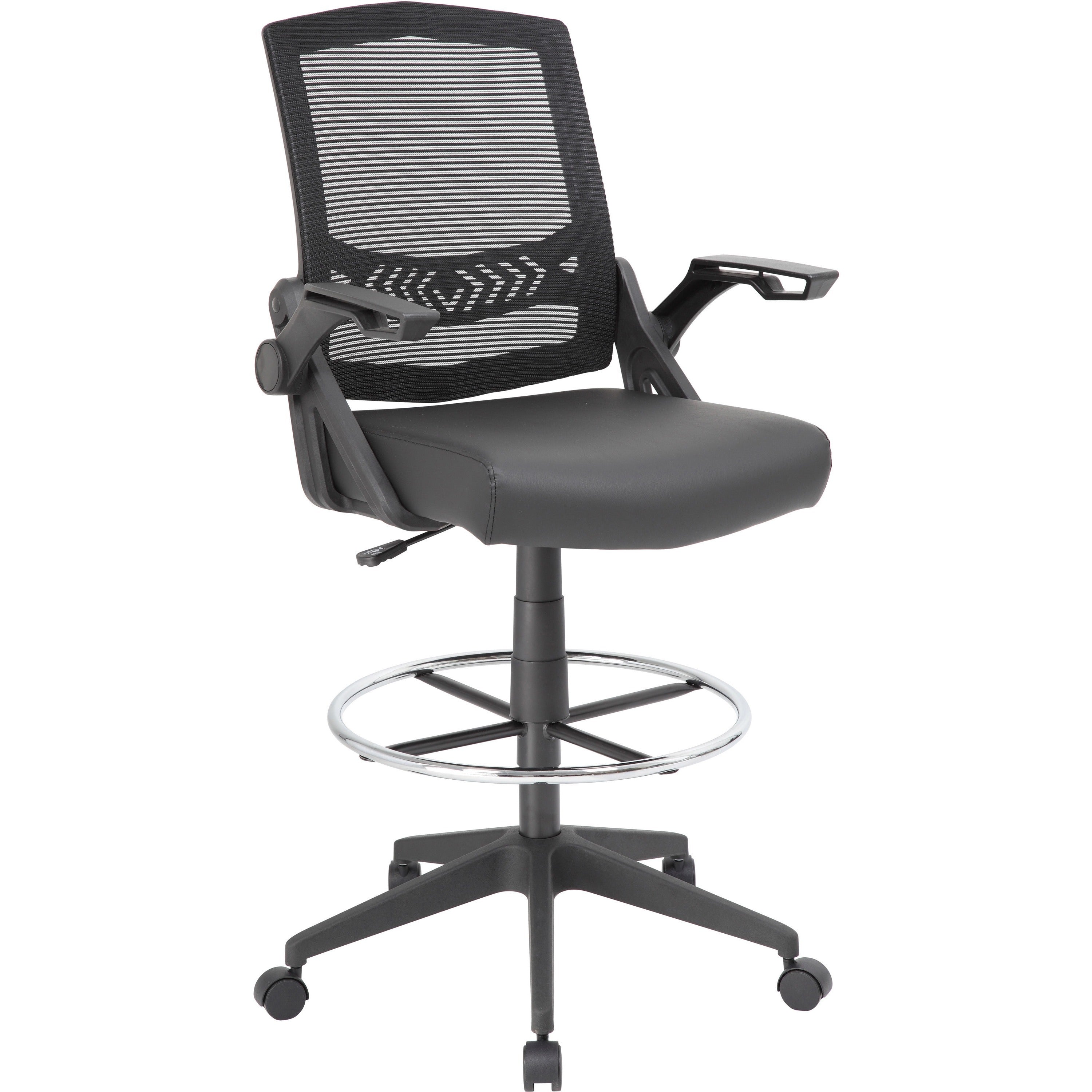 Boss Black Flip Arm Mesh Drafting Stool - Black Seat - Black Mesh Back - Armrest - 1 Each - 1