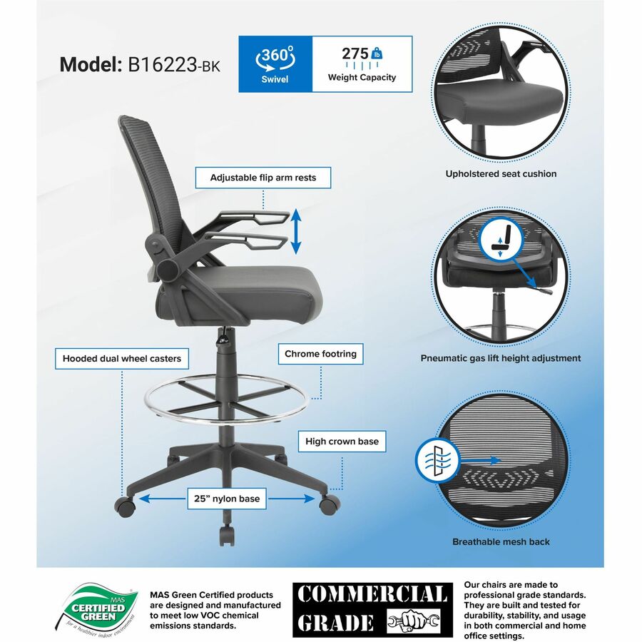 Boss Black Flip Arm Mesh Drafting Stool - Black Seat - Black Mesh Back - Armrest - 1 Each