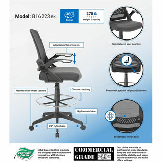 Boss Black Flip Arm Mesh Drafting Stool - Black Seat - Black Mesh Back - Armrest - 1 Each