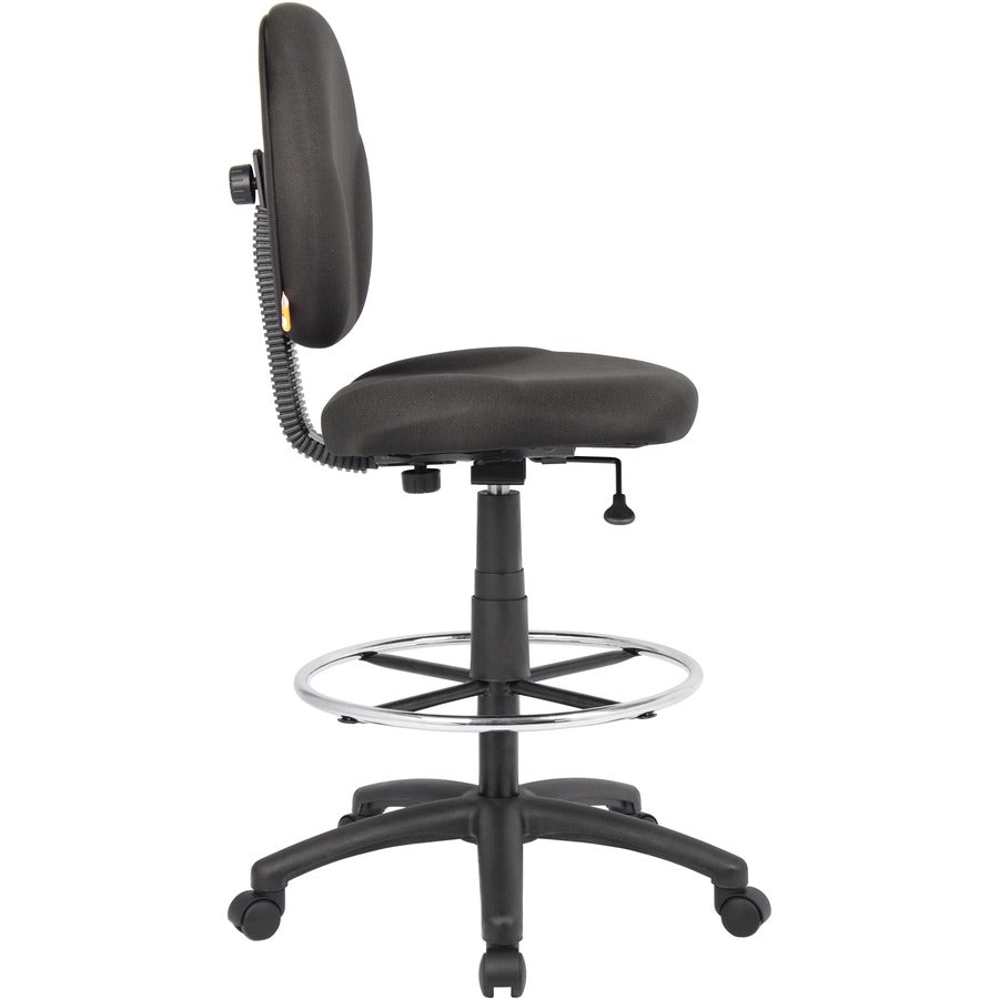Boss Stand Up Fabric Drafting Stool with Foot Rest, Black - Black Crepe Fabric Seat - Black Crepe Fabric Back - 5-star Base - 1 Each